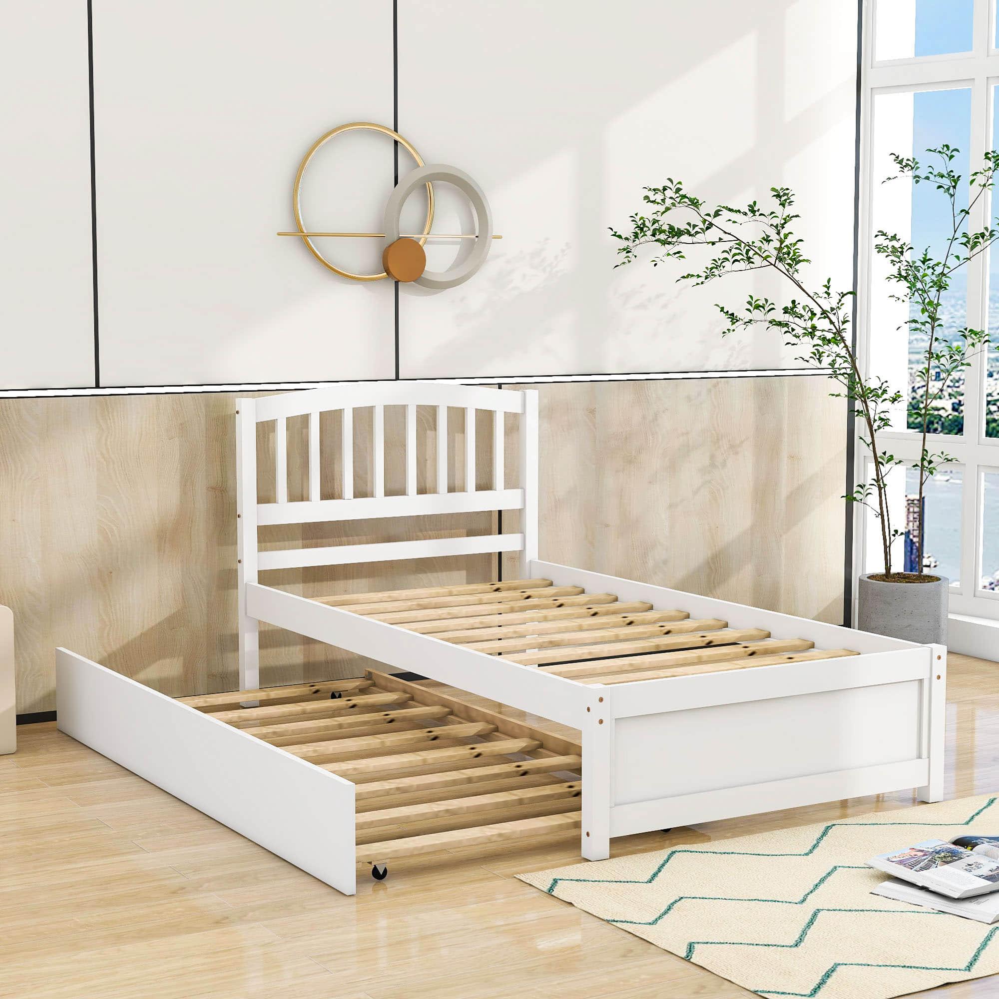 Wooden Twin Platform Bed with Trundle and Headboard