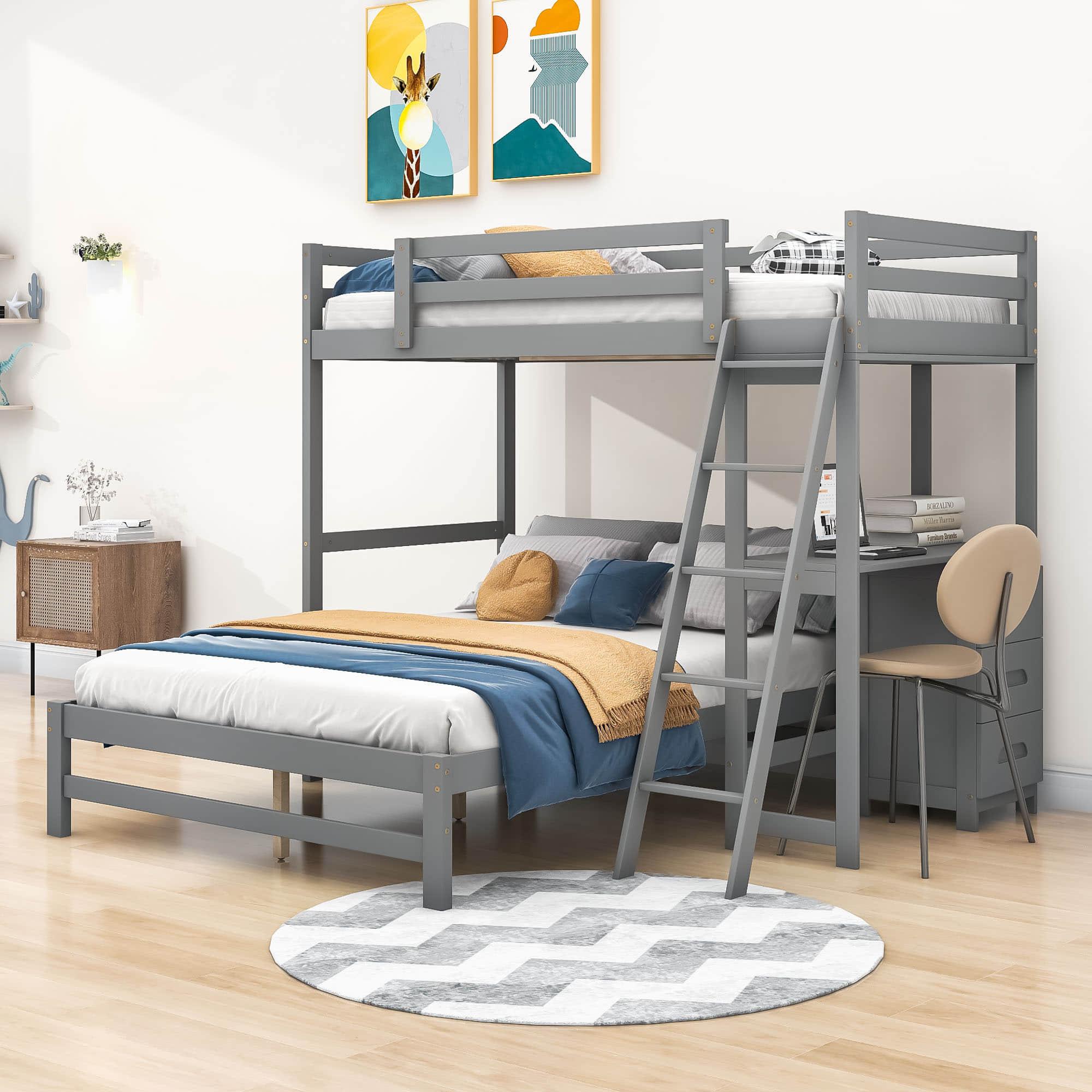 Twin Over Full Bunk Beds with Desk and Storage Drawers - [Wooden, Detachable, L-Shaped]