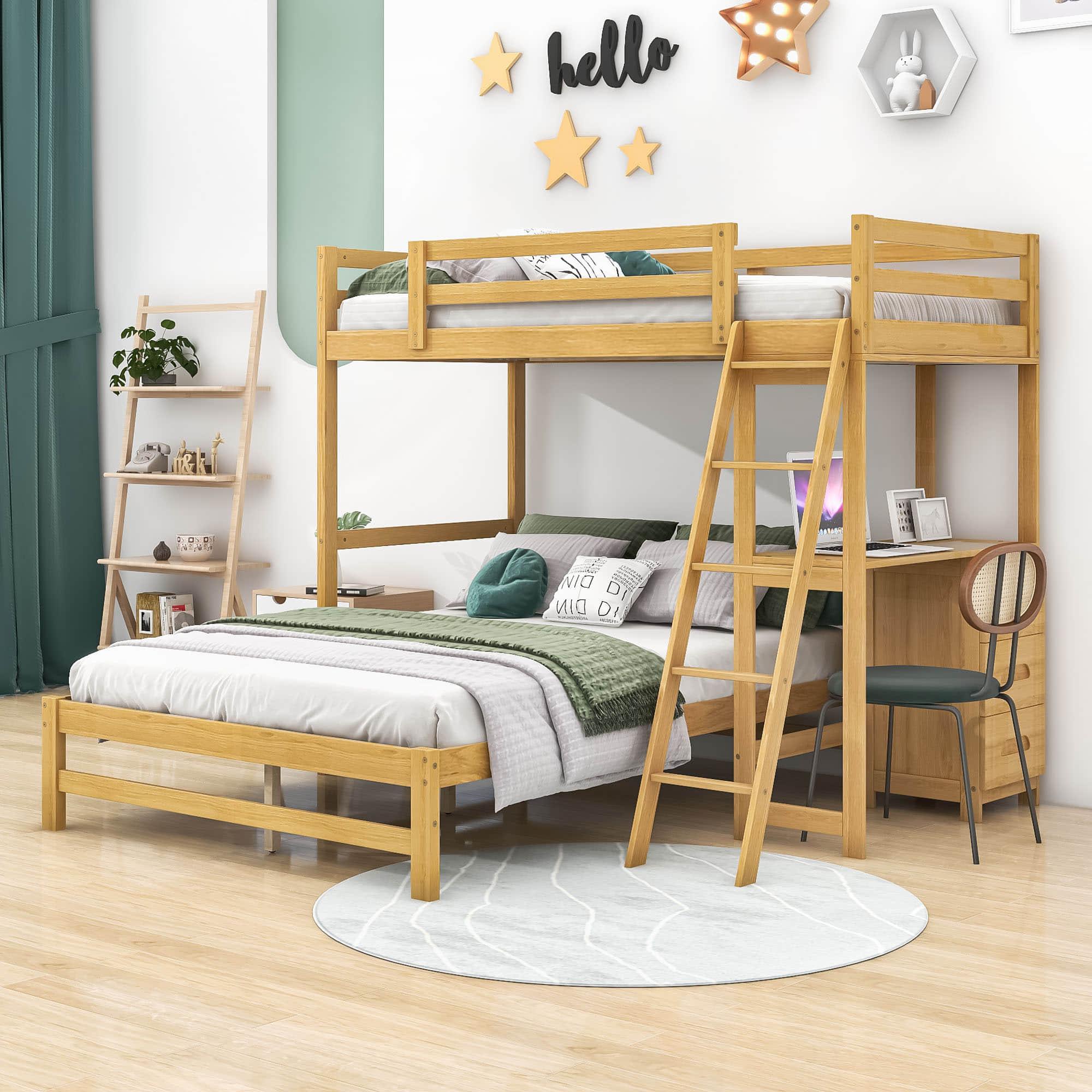 Twin Over Full Bunk Beds with Desk and Storage Drawers - [Wooden, Detachable, L-Shaped]