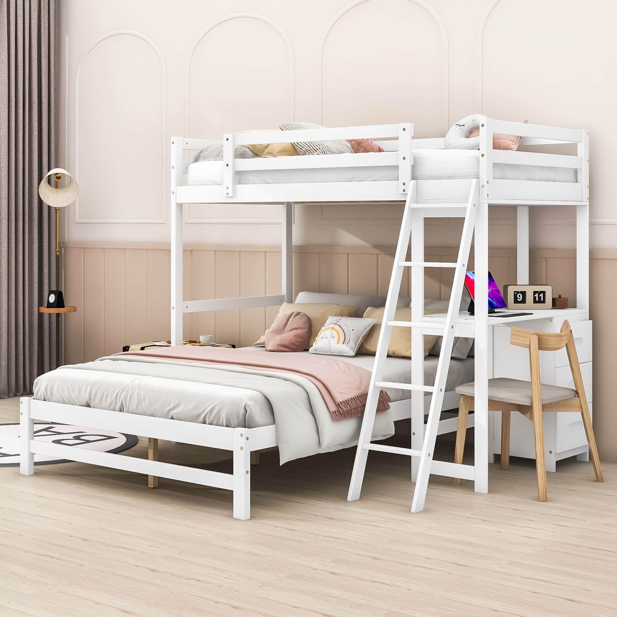 Twin Over Full Bunk Beds with Desk and Storage Drawers - [Wooden, Detachable, L-Shaped]