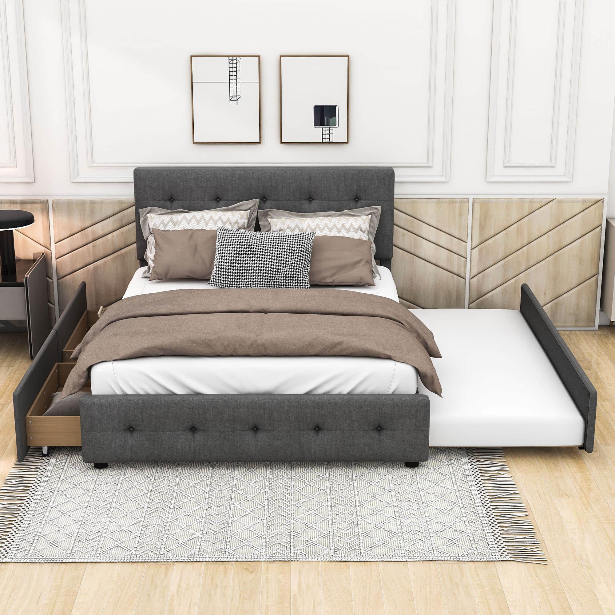 Upholstered Queen Size Platform Bed with Storage and Twin XL Trundle - [Headboard]