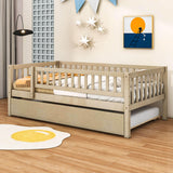 Wooden Twin Low Kids Bed with Twin Size Trundle and Rails