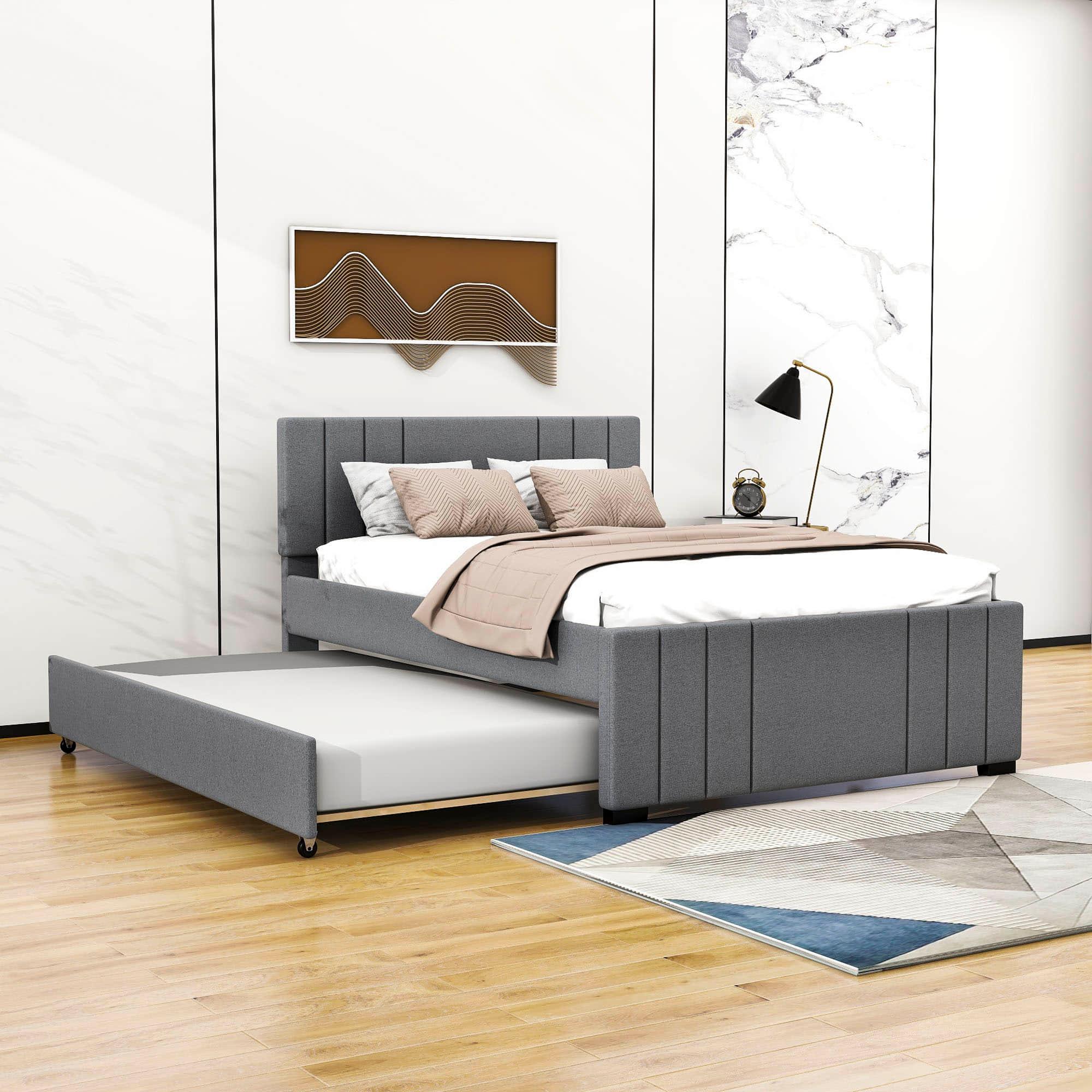 Full Size Upholstered Platform Bed with Trundle and Headboard