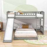 Montessori L-Shaped Twin Over Twin Floor Bunk Bed with Slide and Ladder - [Wooden]