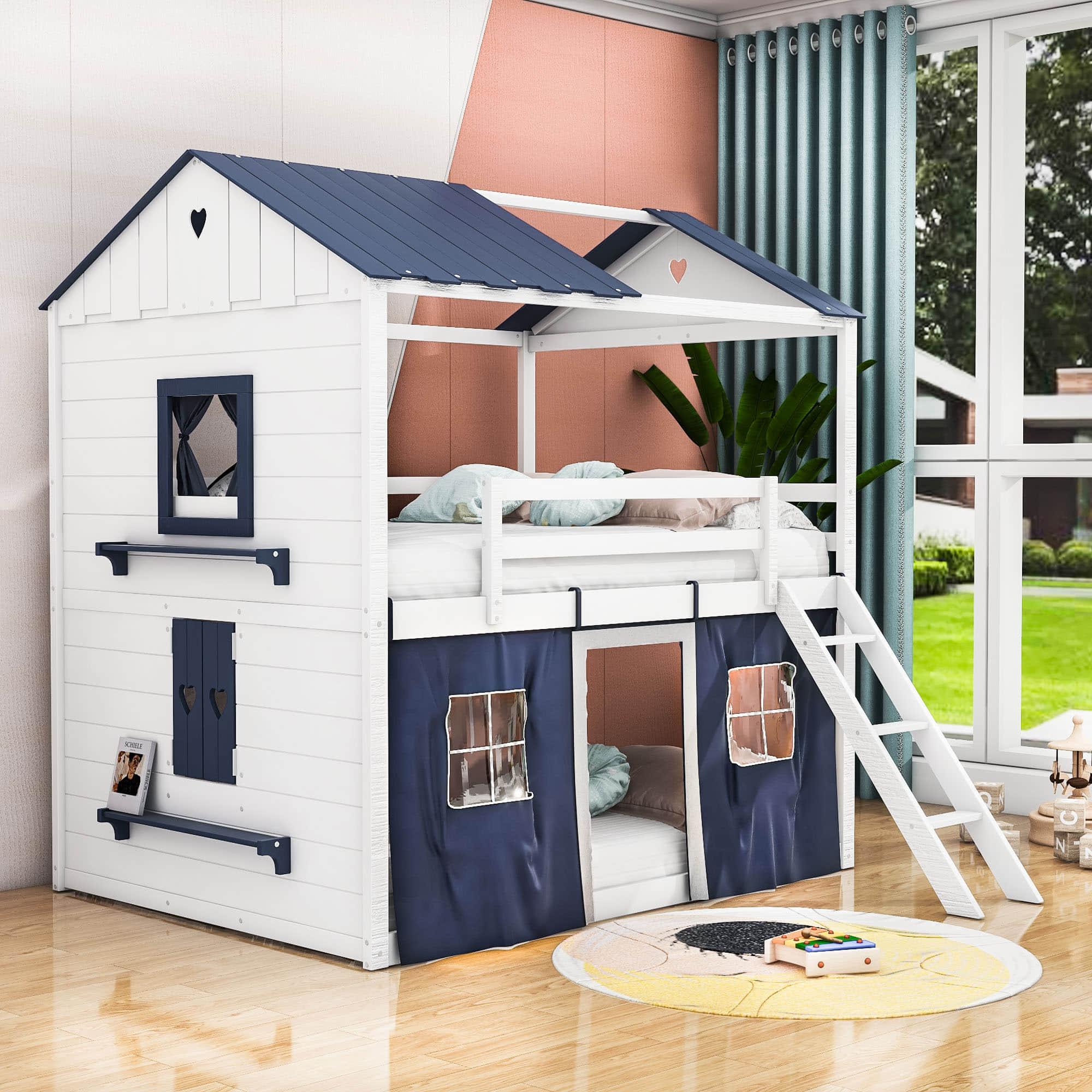 Fun Full Over Full House Loft Bunk Beds for Kids with Curtains - [Low]