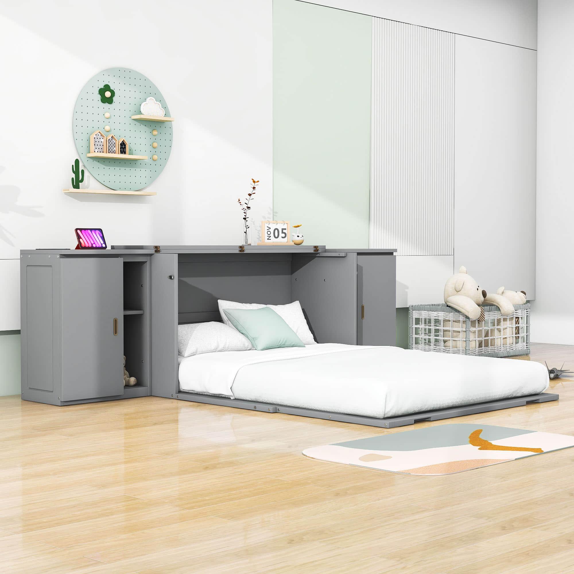 Wooden Modern Smart Floor Cabinet Bed Queen with Shelves - [USB Ports]