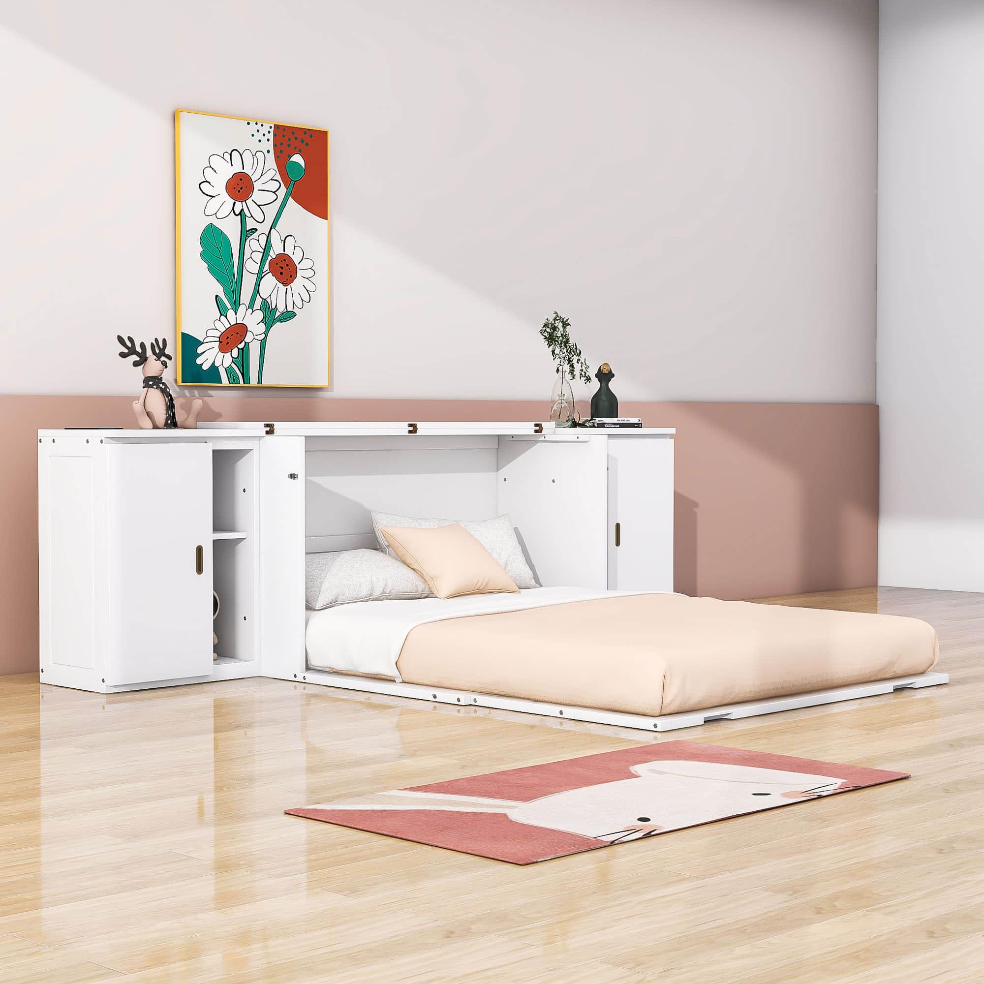 Wooden Modern Smart Floor Cabinet Bed Queen with Shelves - [USB Ports]