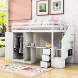 Twin Loft Bed with Desk and Storage Stairs, Drawers - [Wood, Wardrobe, Shelves]