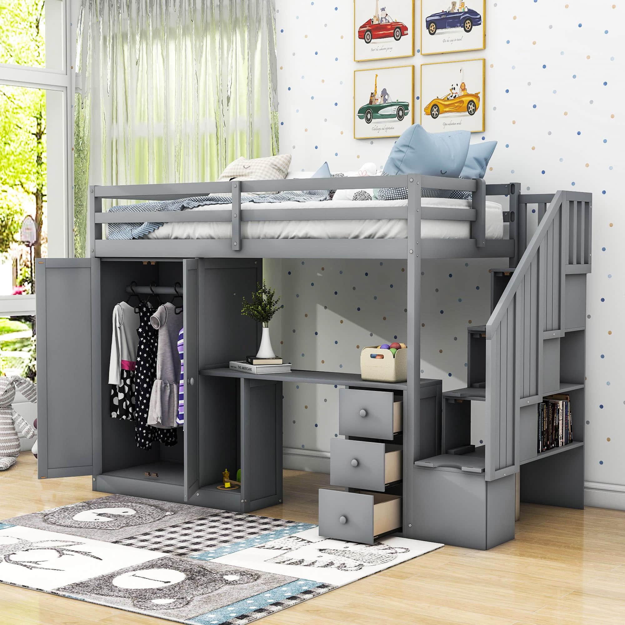 Twin Loft Bed with Desk and Storage Stairs, Drawers - [Wood, Wardrobe, Shelves]