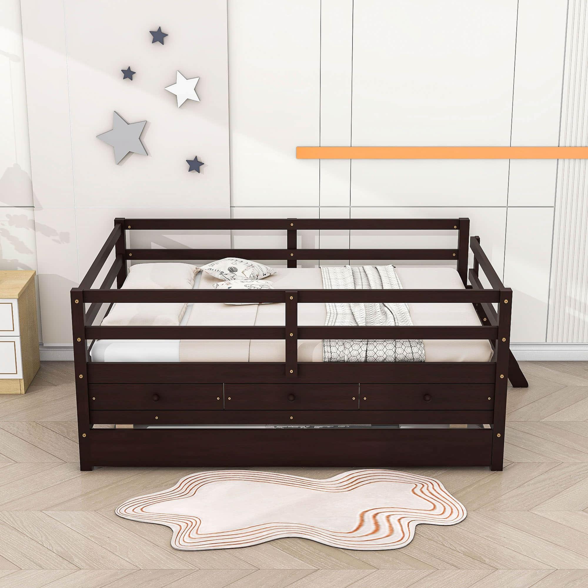 Solid Wood Low Full Size Kids Bed with Trundle and Storage - [Drawers, Rails]