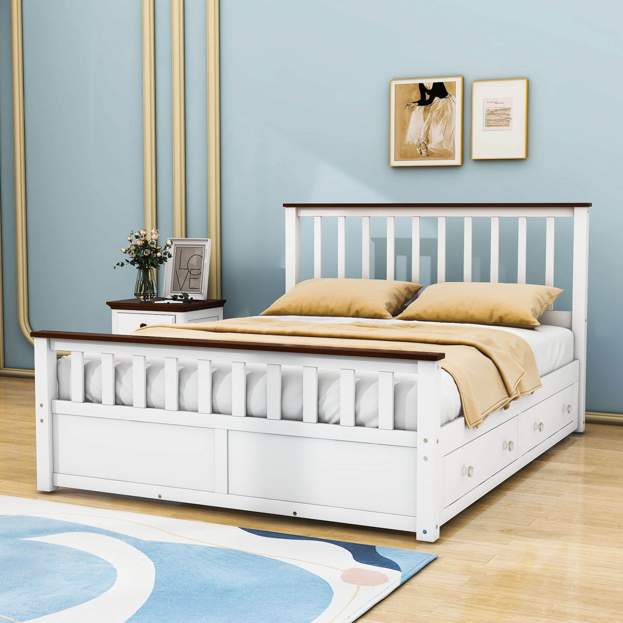 Wooden Queen Size Platform Bed Frame with Storage and Slat Headboard