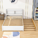 Wooden Full Size Platform Bed with Twin Trundle Bed and Storage Headboard - [Shelves]