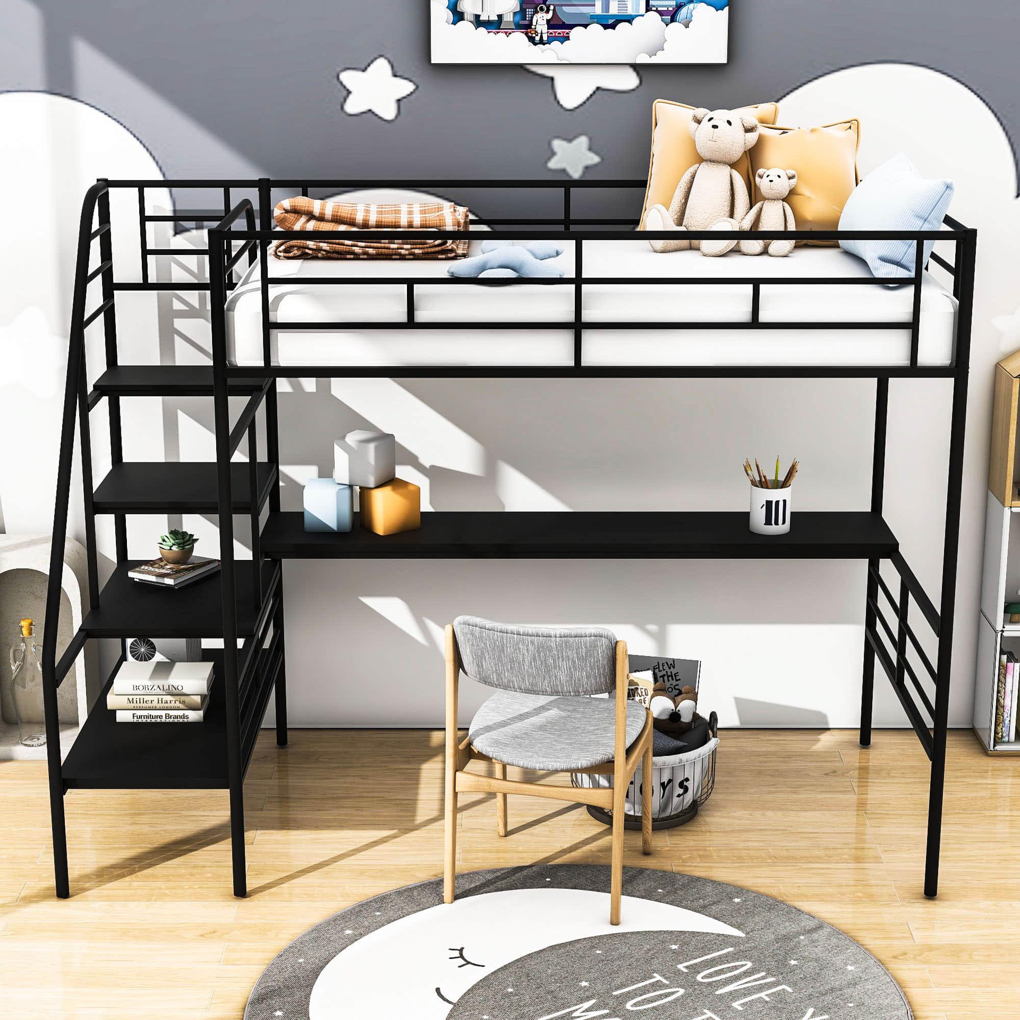 Metal High Twin Size Loft Bed Frame with Desk and Stairs for Adults, Kids