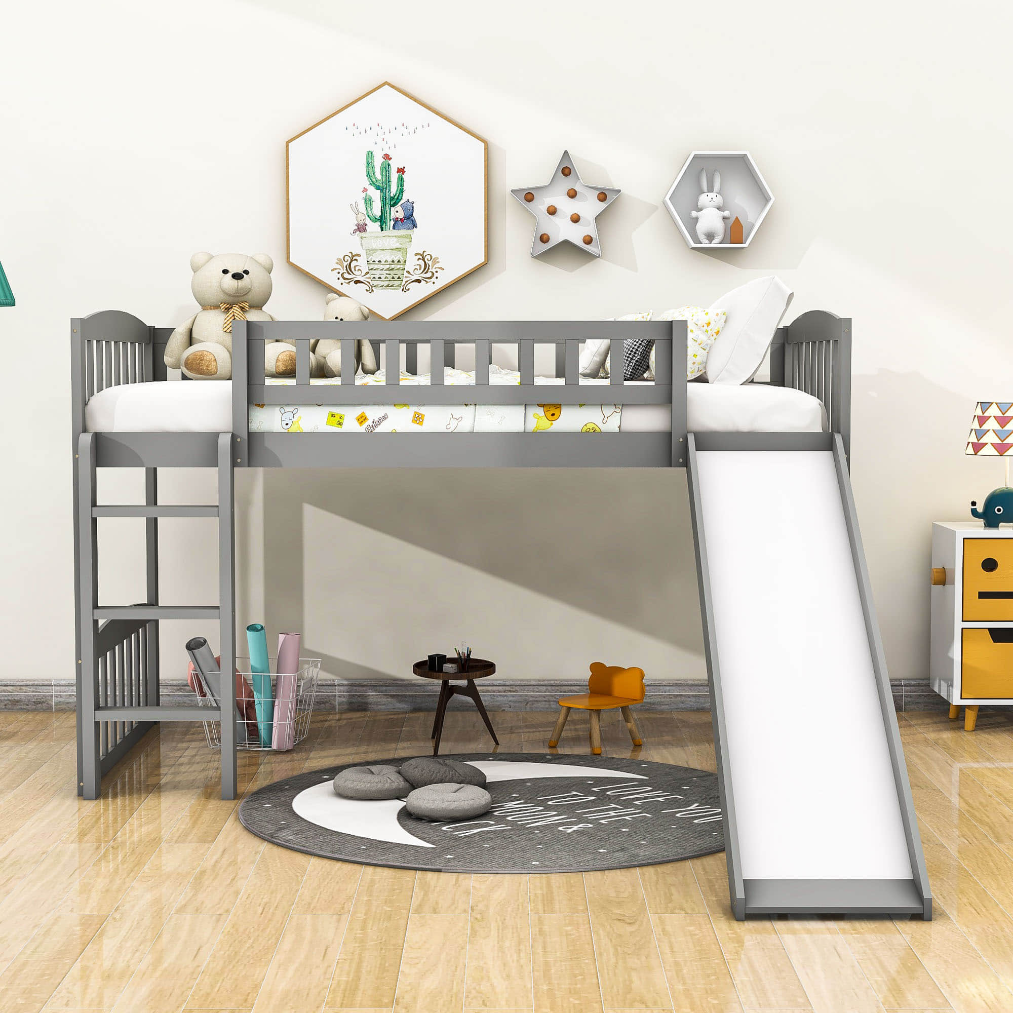 Low Twin Loft Bed with Slide for Kids - [Wood, Interchangeable]