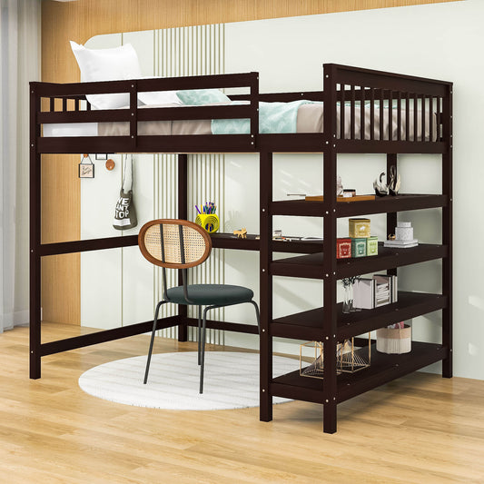 Full Size Loft Bed with Desk and Storage Shelves for Adults, Kids