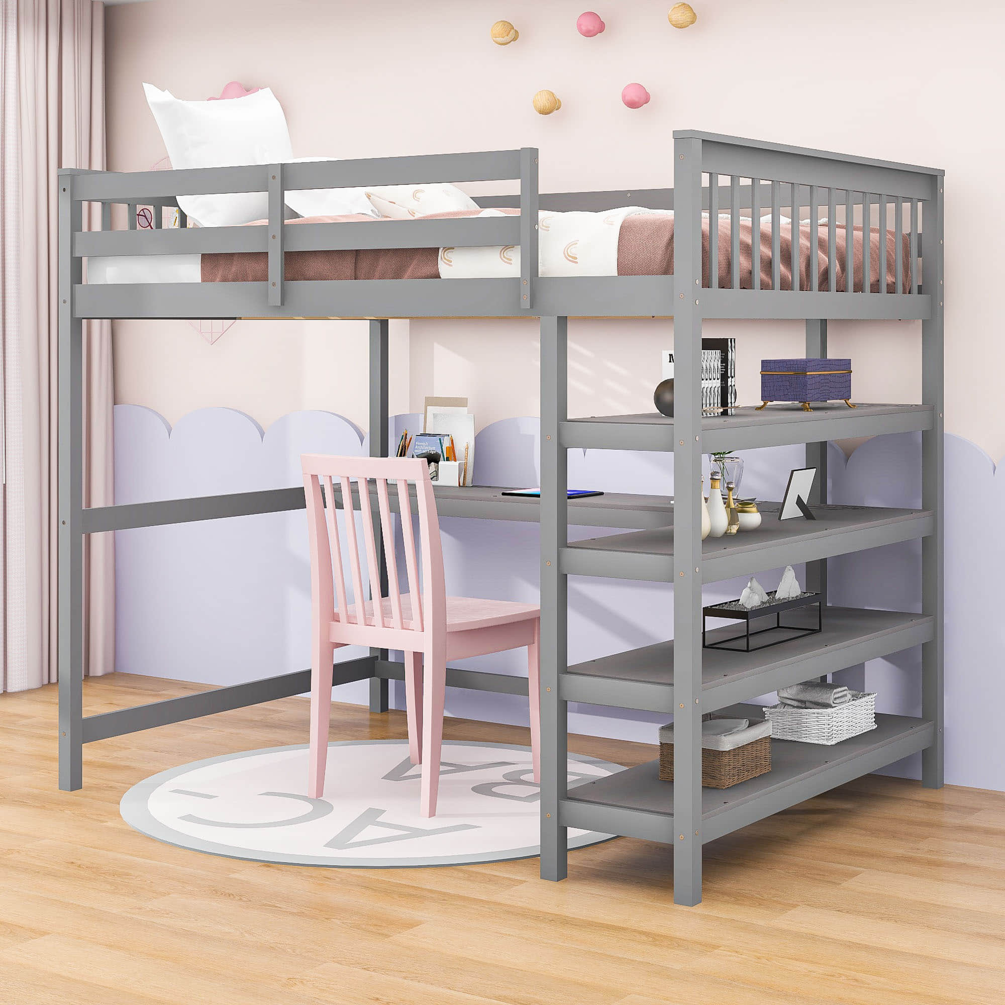 Full Size Loft Bed with Desk and Storage Shelves for Adults, Kids