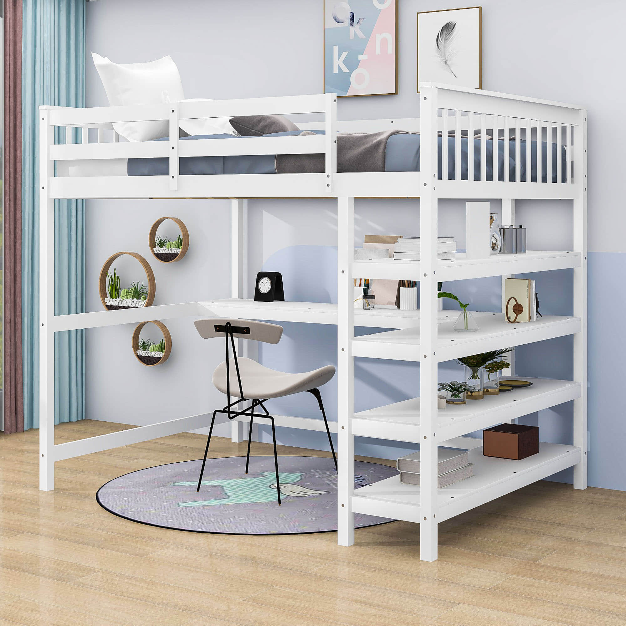 Full Size Loft Bed with Desk and Storage Shelves for Adults, Kids