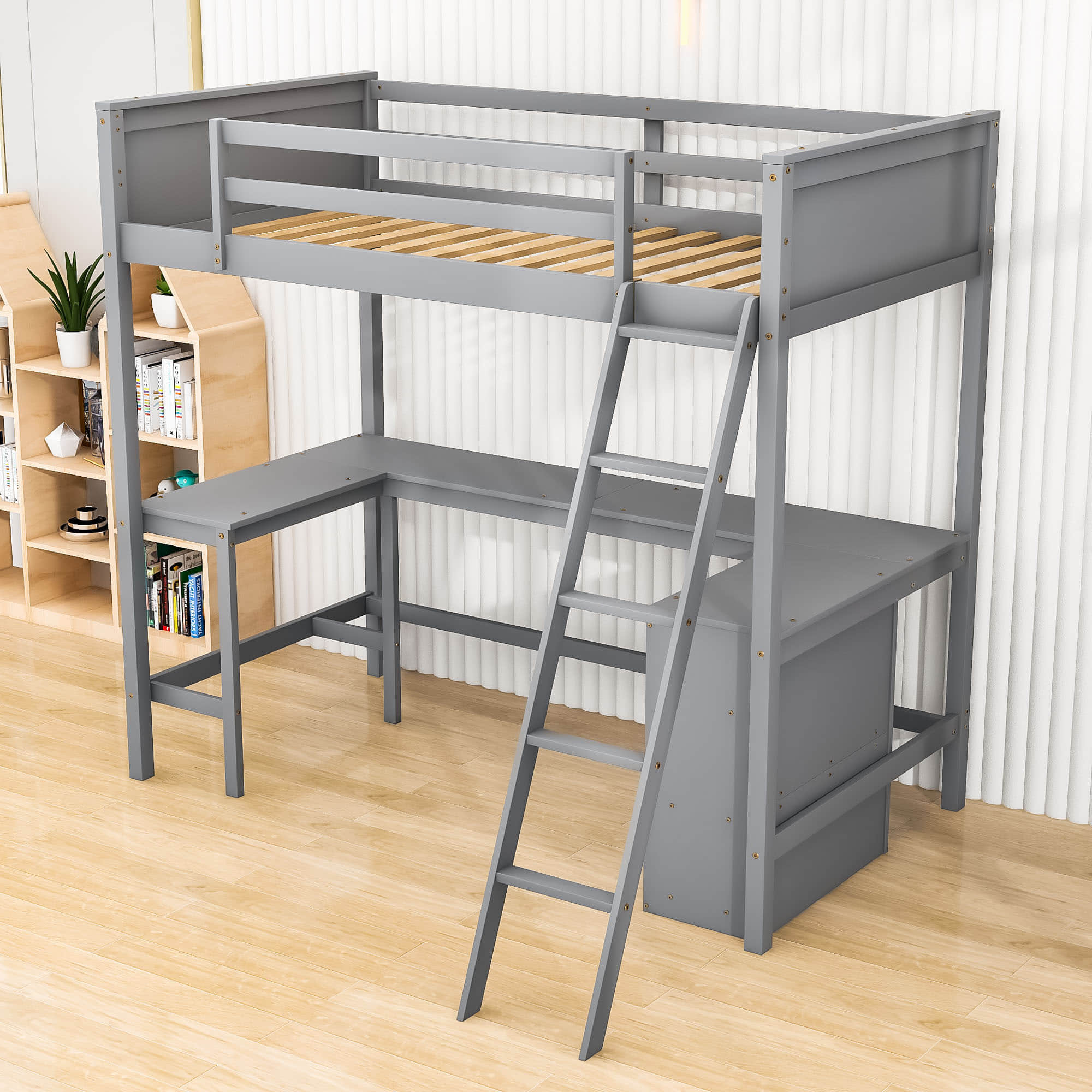 Wood Twin Size Loft Bed with Desk and Storage Shelves for Kids, Adult