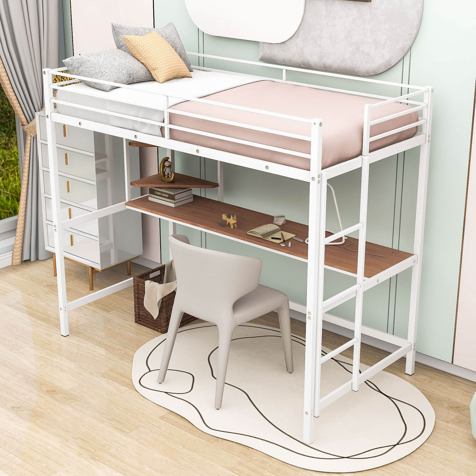 Metal Twin Loft Bed with Desk and Storage Shelves for Adults, Teens