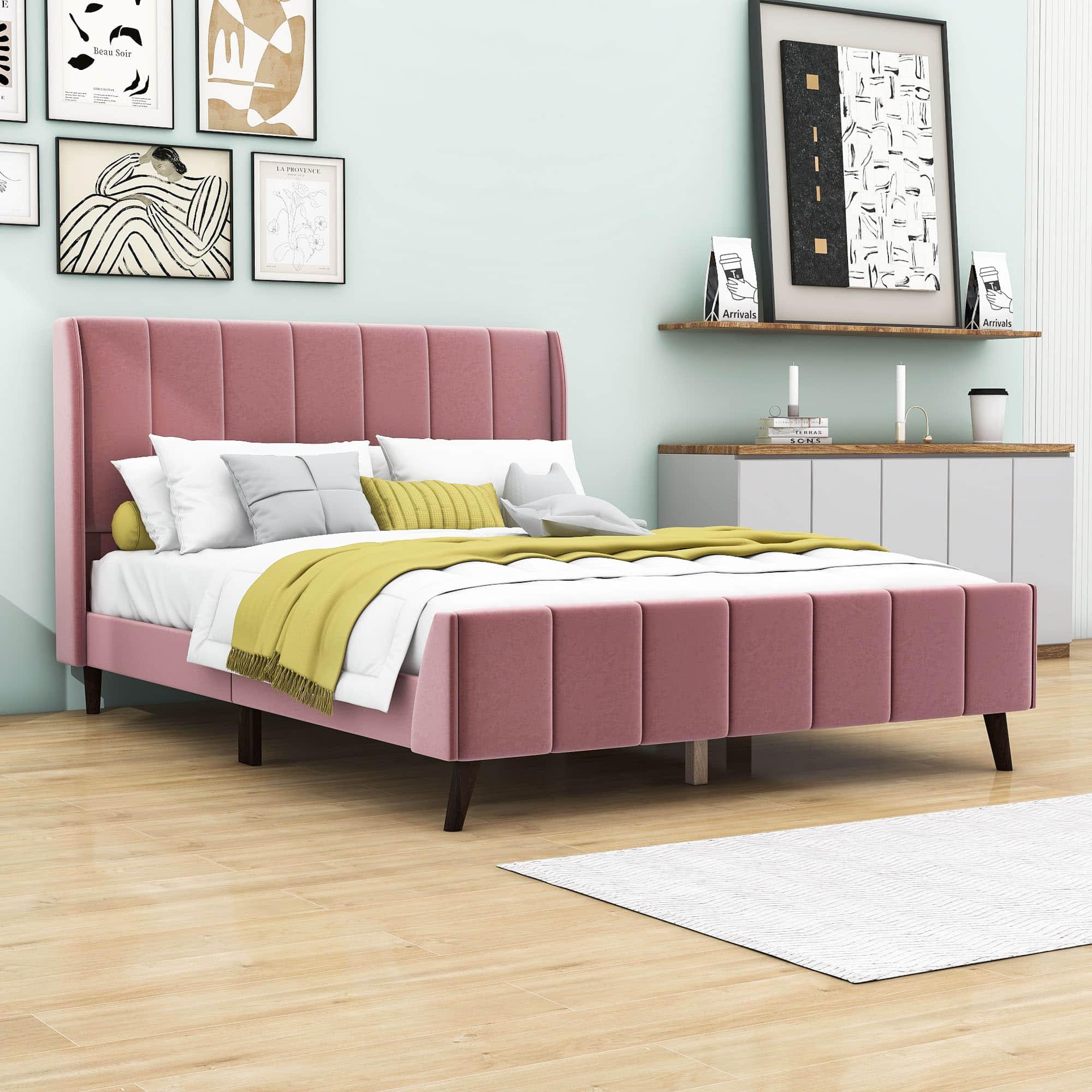 Modern Velvet Upholstered Queen Bed Frame with Wingback Headboard