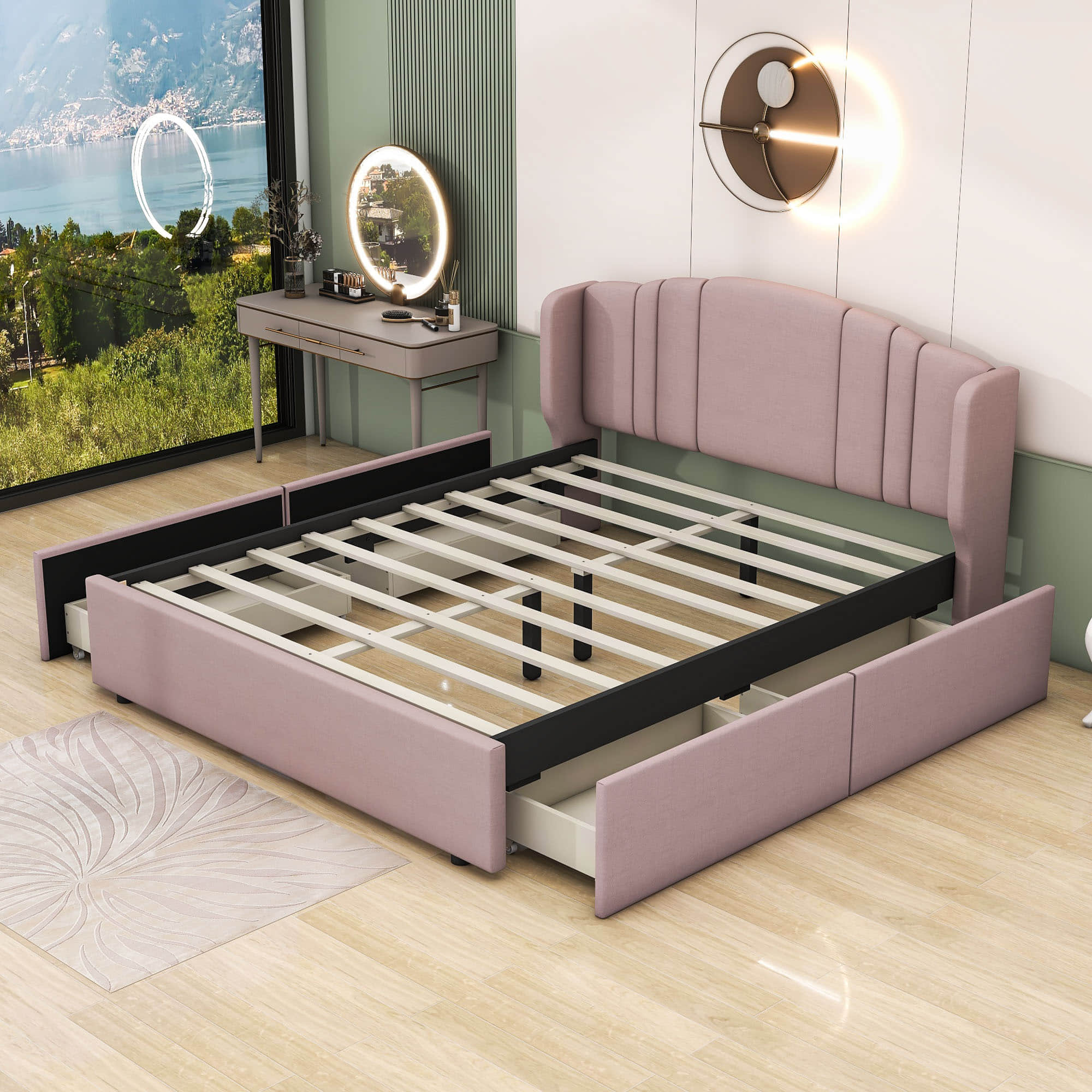 Queen Modern Upholstered Bed Frame with Headboard and Storage