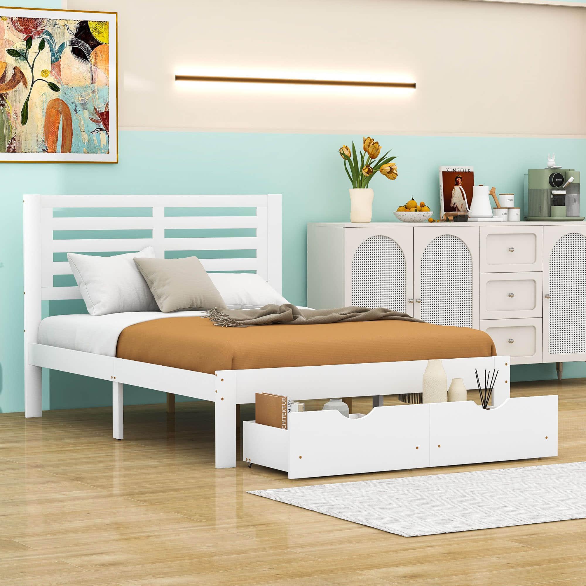 Wood Full Size Platform Bed Frame with Headboard and Storage