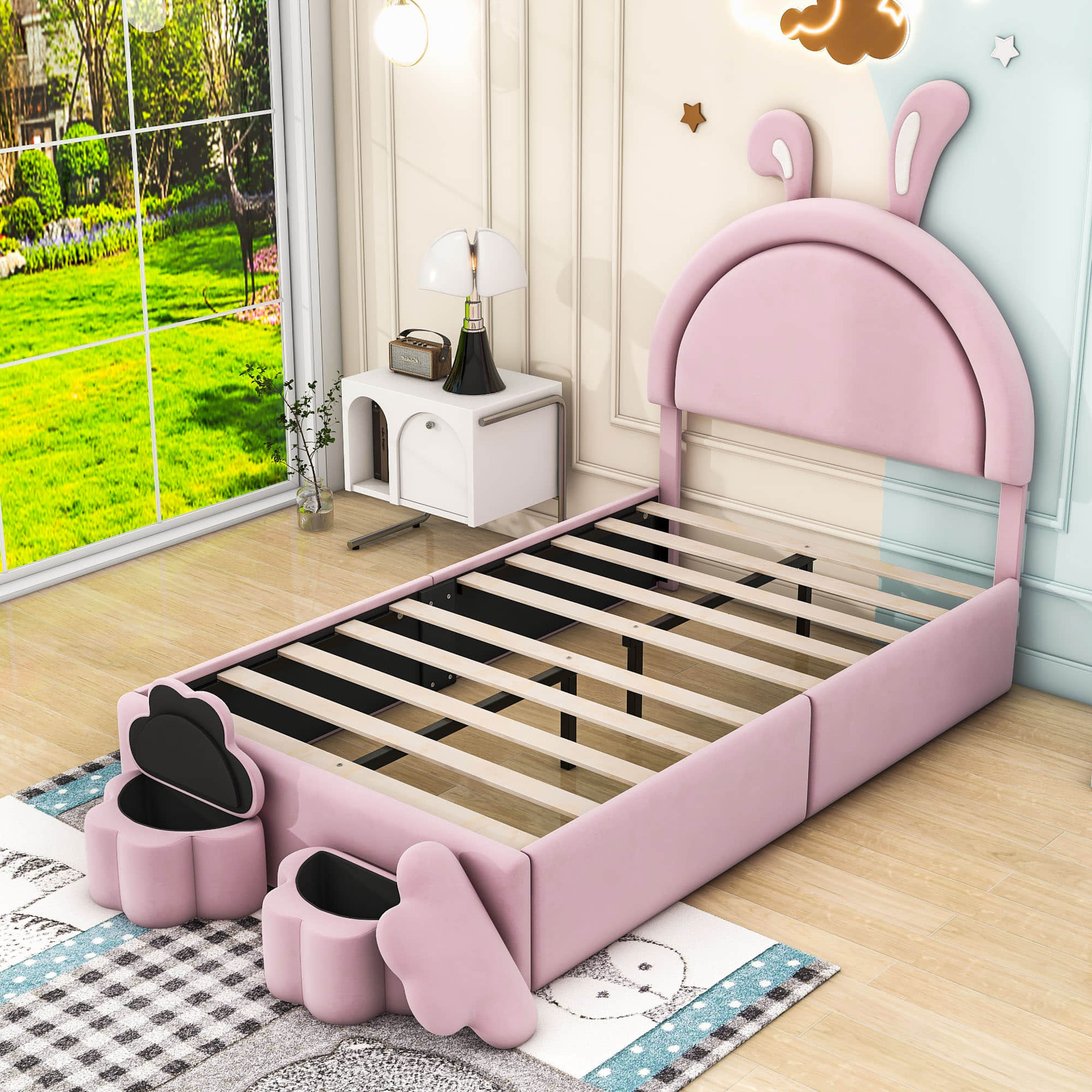 Twin Size Velvet Upholstered Princess Platform Bed Frame with Headboard