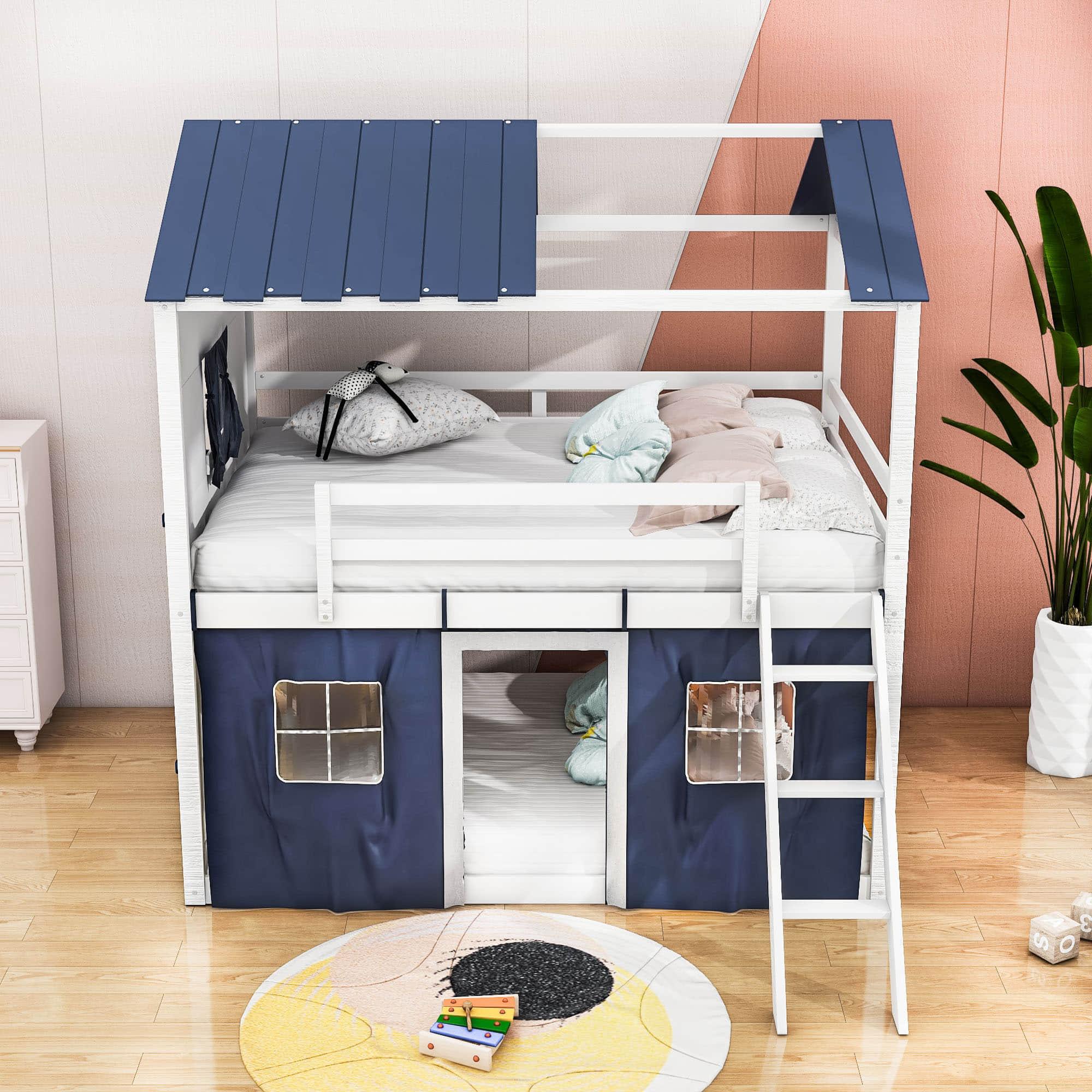 Fun Full Over Full House Loft Bunk Beds for Kids with Curtains - [Low]