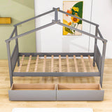 Kids Low Wooden House Bed with Storage and Headboard - [Drawers, Footboard]