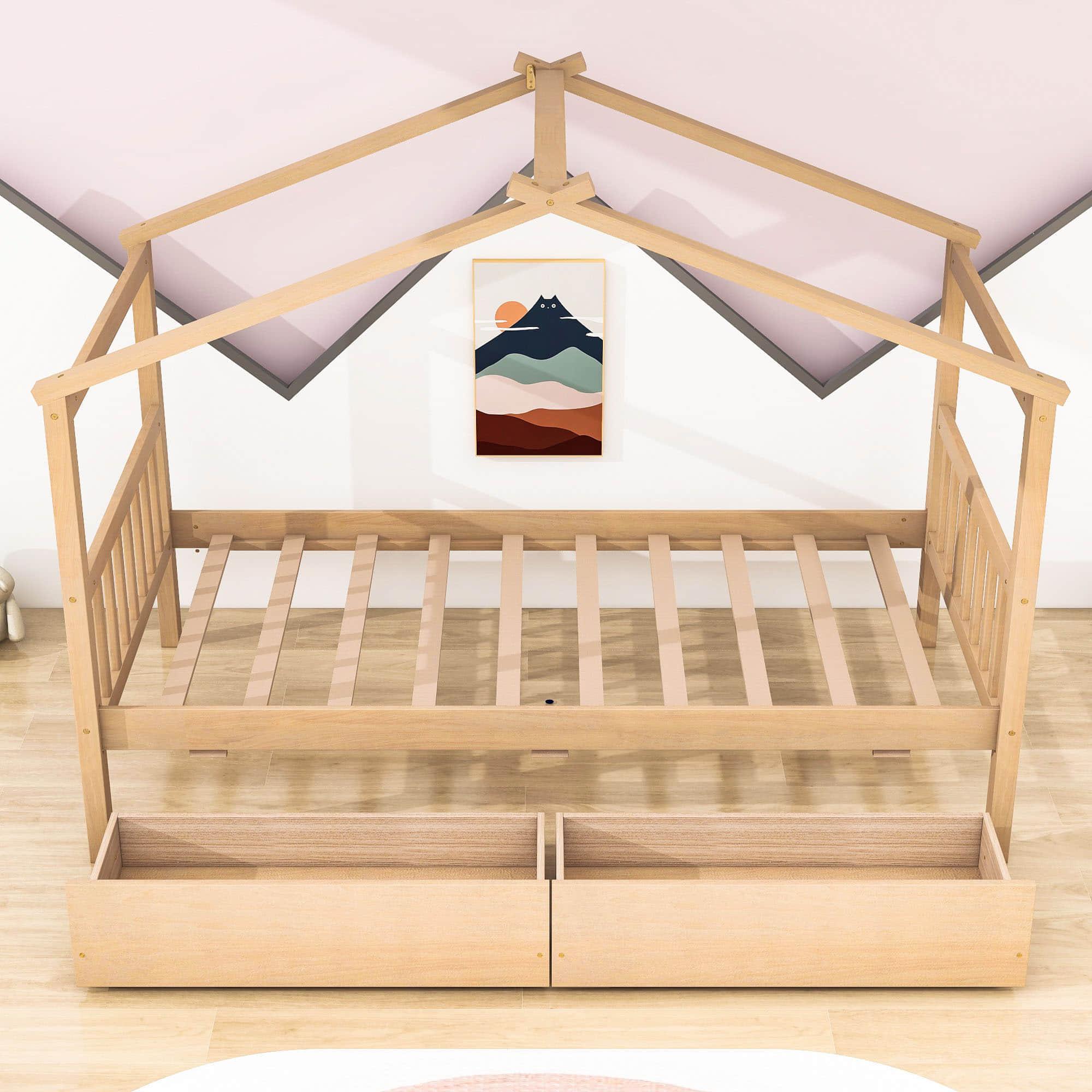 Kids Low Wooden House Bed with Storage and Headboard - [Drawers, Footboard]