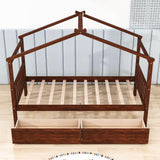 Kids Low Wooden House Bed with Storage and Headboard - [Drawers, Footboard]