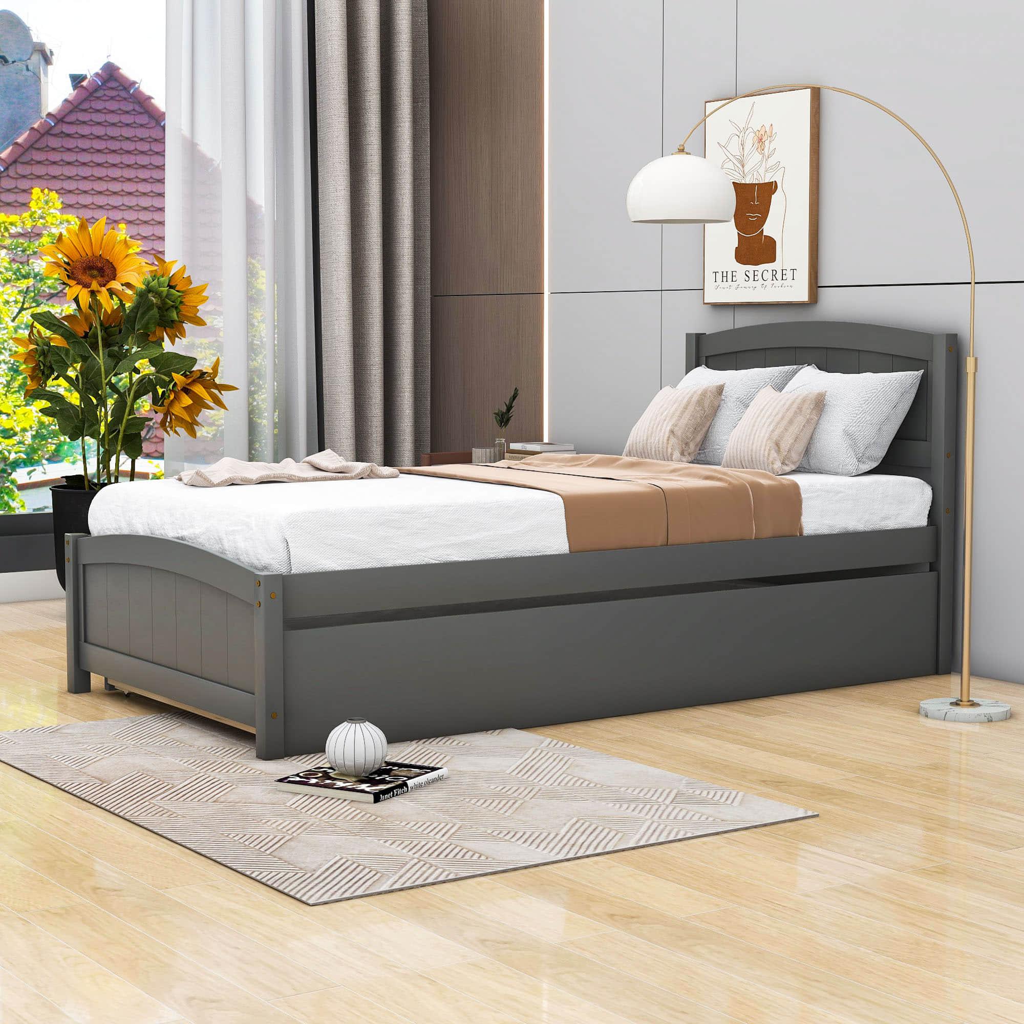 Twin Platform Bed Frame with Twin Trundle and Headboard