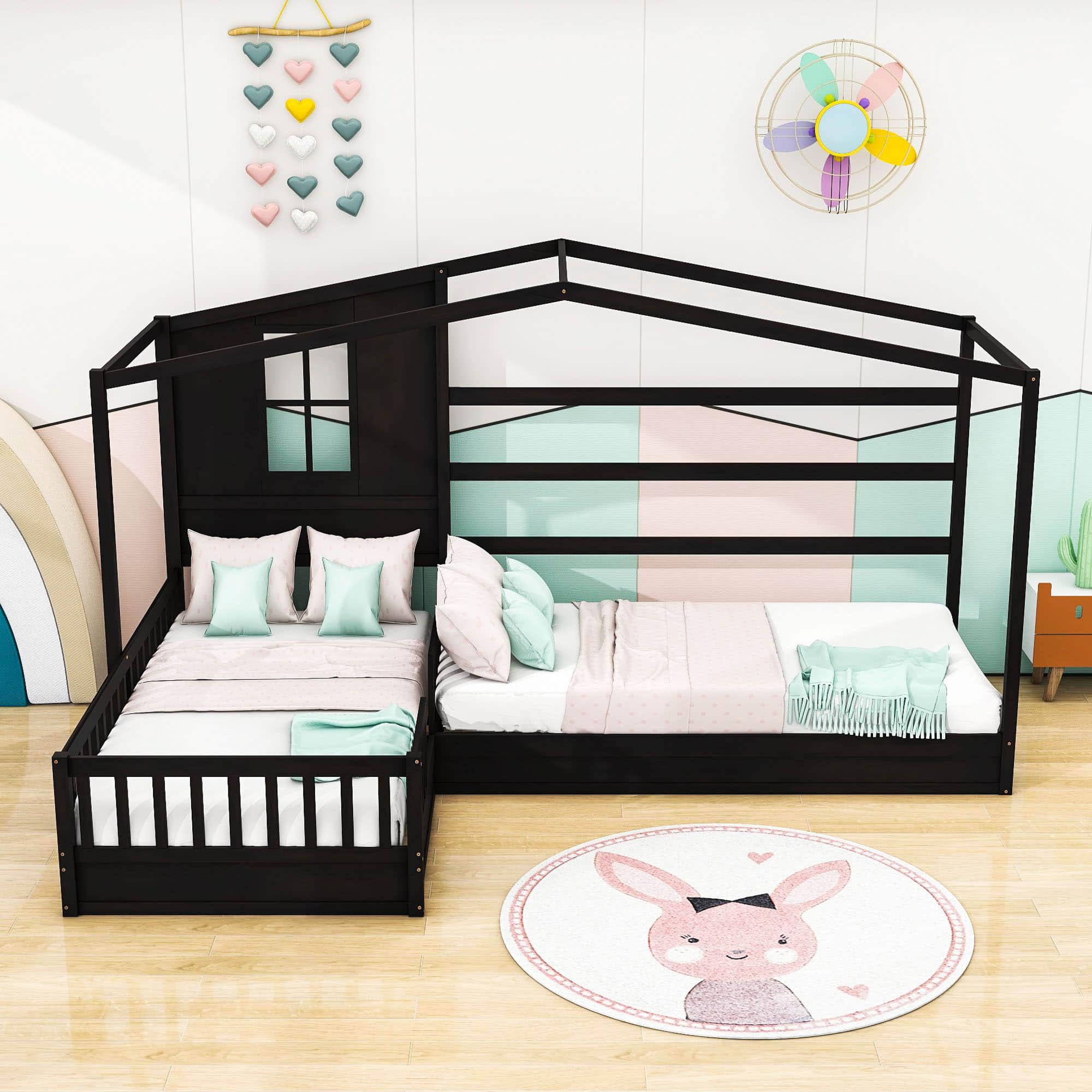 Wooden Montessori Twin Size House Double Kids Bed with Rails