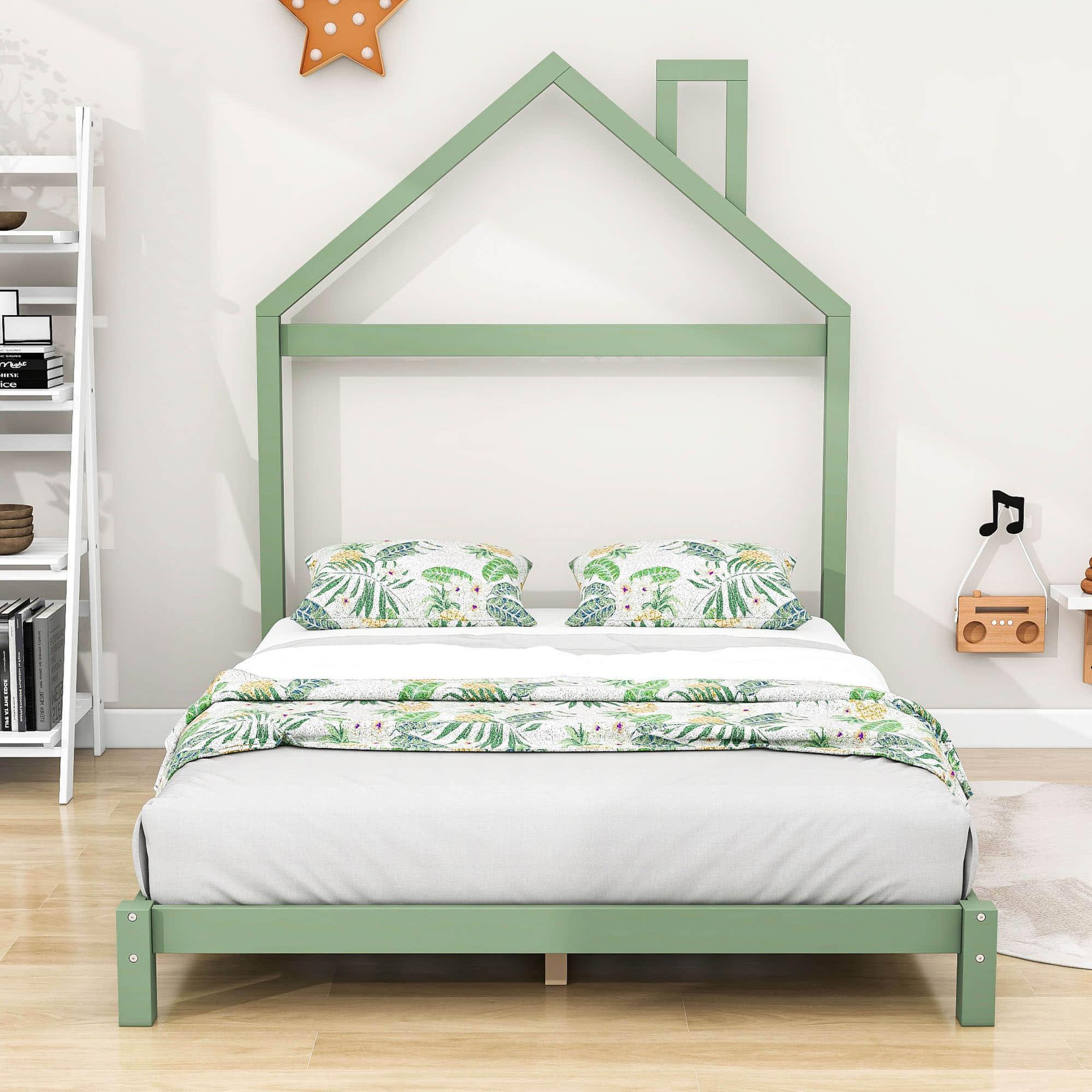 Low Full Size Wooden Toddler Bed with House-Shaped Headboard