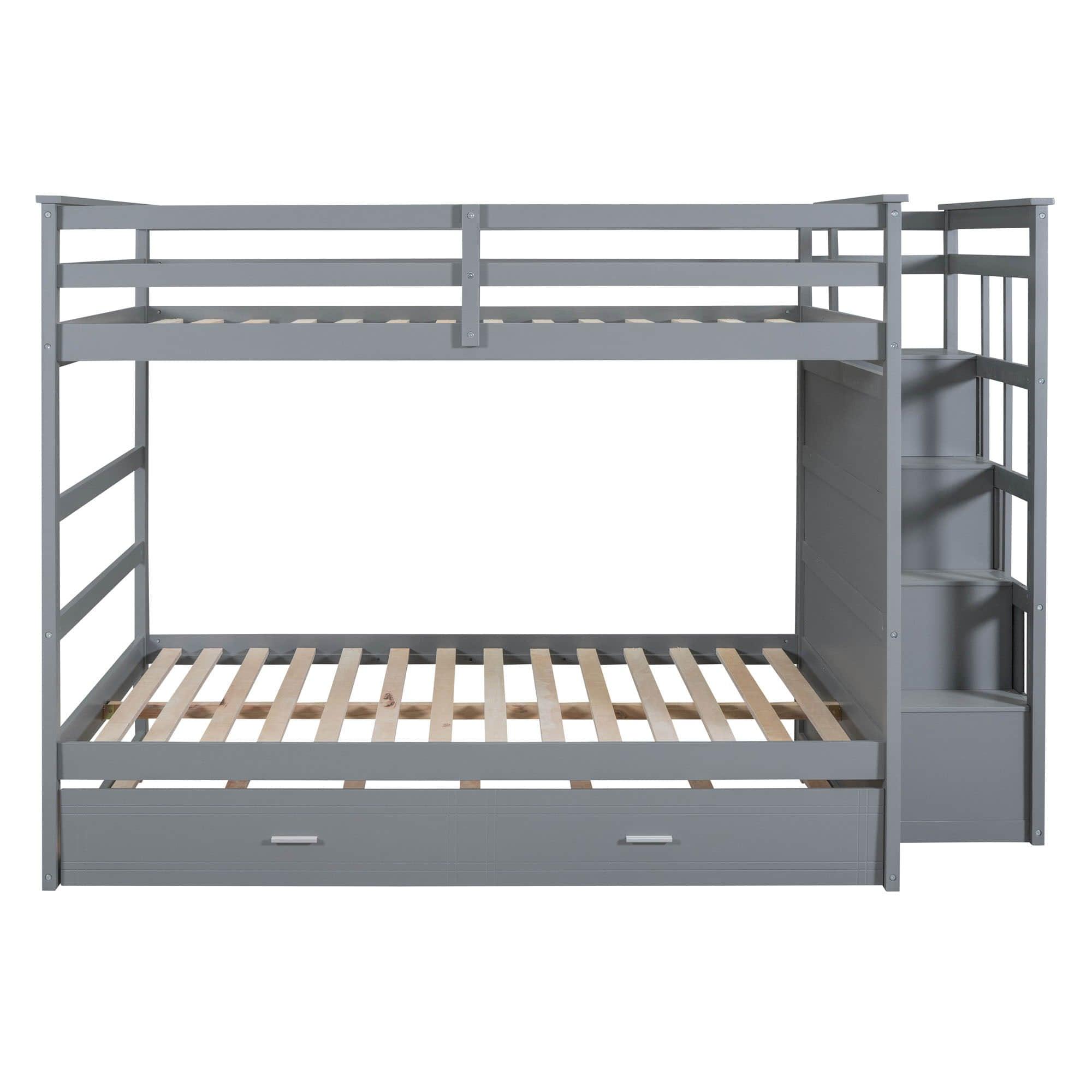 Full Size Bunk Beds with Stairs and Trundle, Storage for Kids, Adults