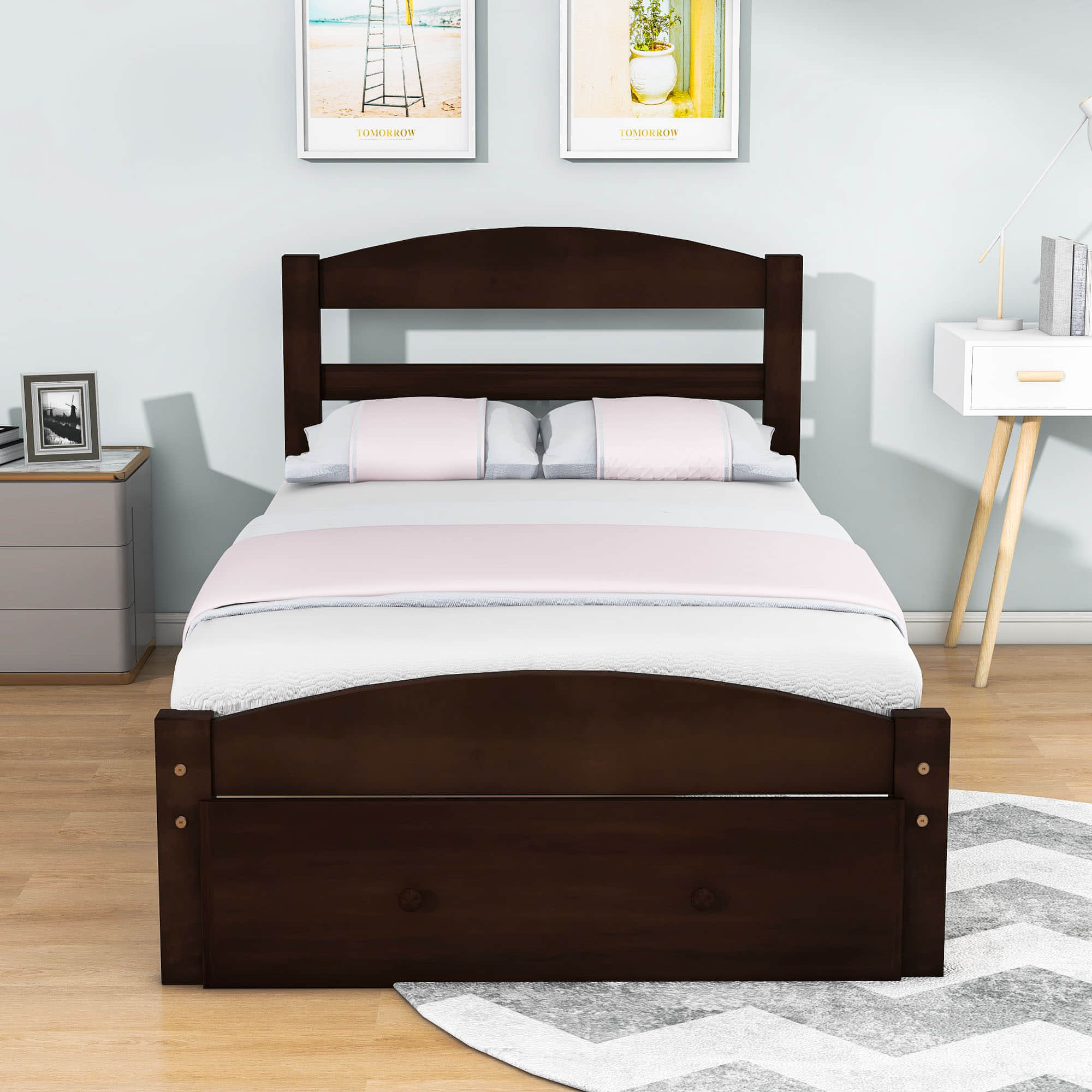 Wood Twin Bed Frame with Headboard and Storage Kids Bedroom Furniture