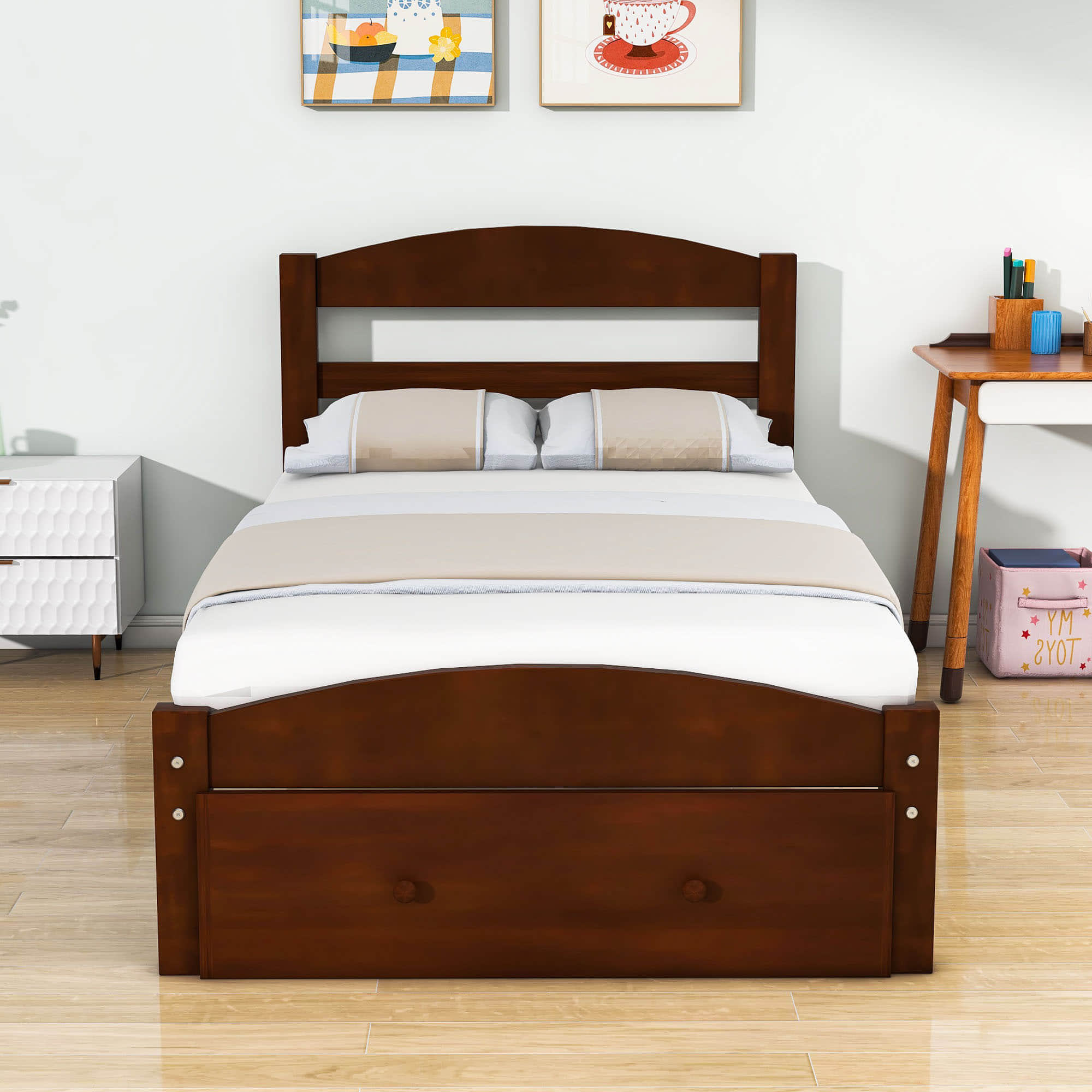 Wood Twin Bed Frame with Headboard and Storage Kids Bedroom Furniture