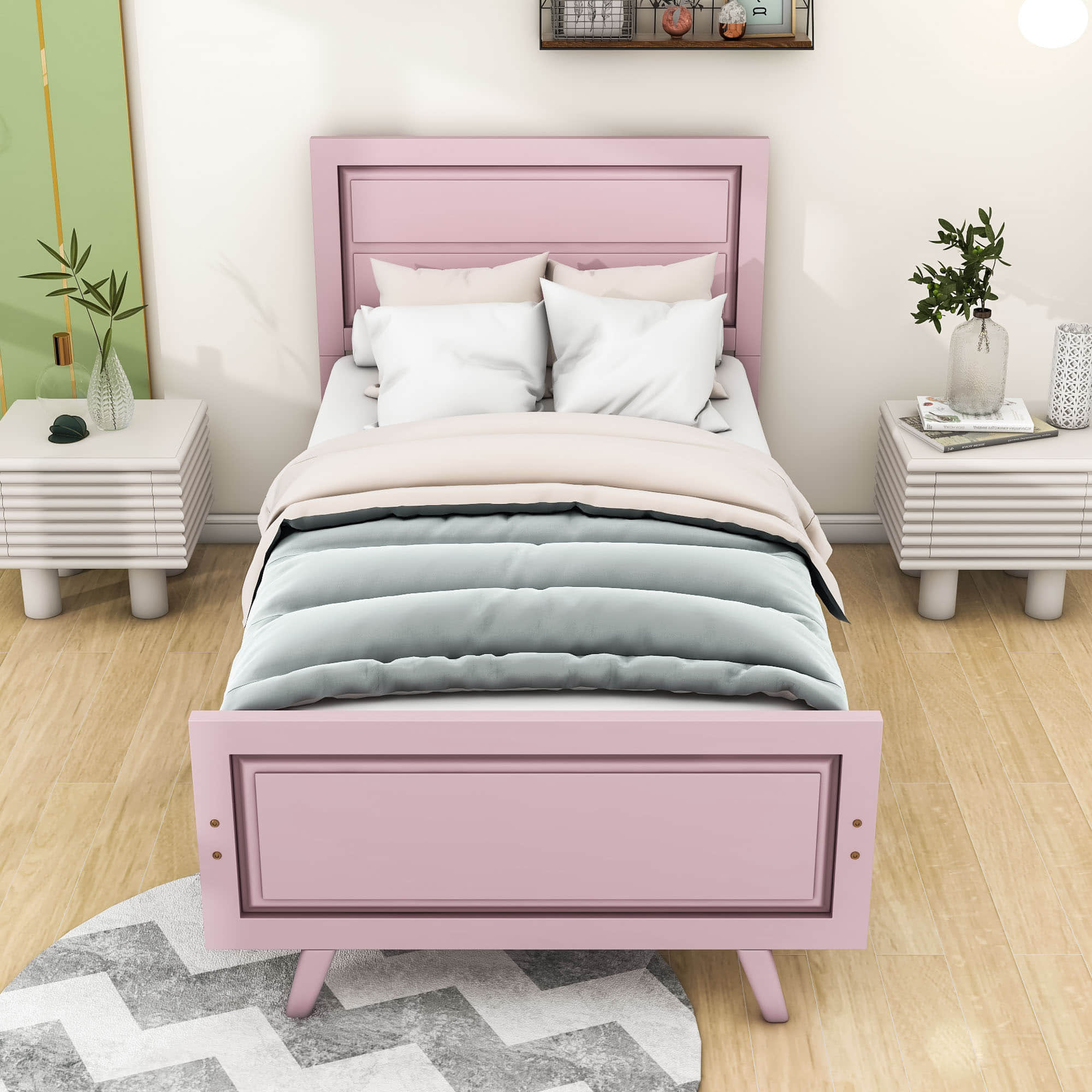 Wood Twin Platform Girls Bed Frame with Headboard and Footboard