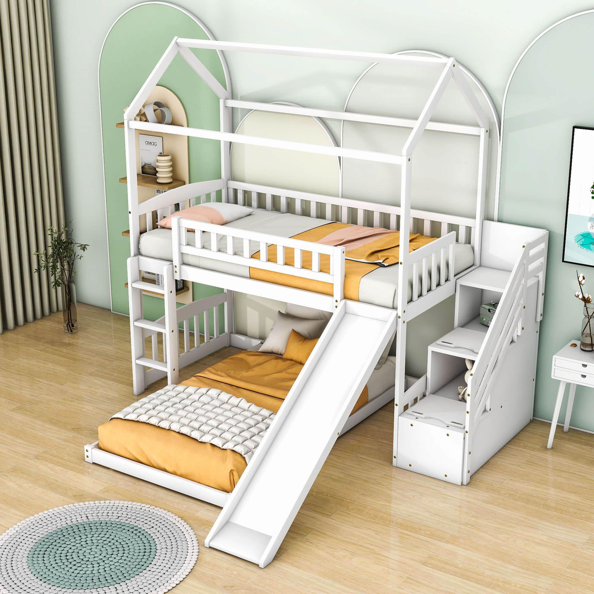 Floor Twin Bunk Beds for Toddlers Kids with Stairs and Slide - [Wood]