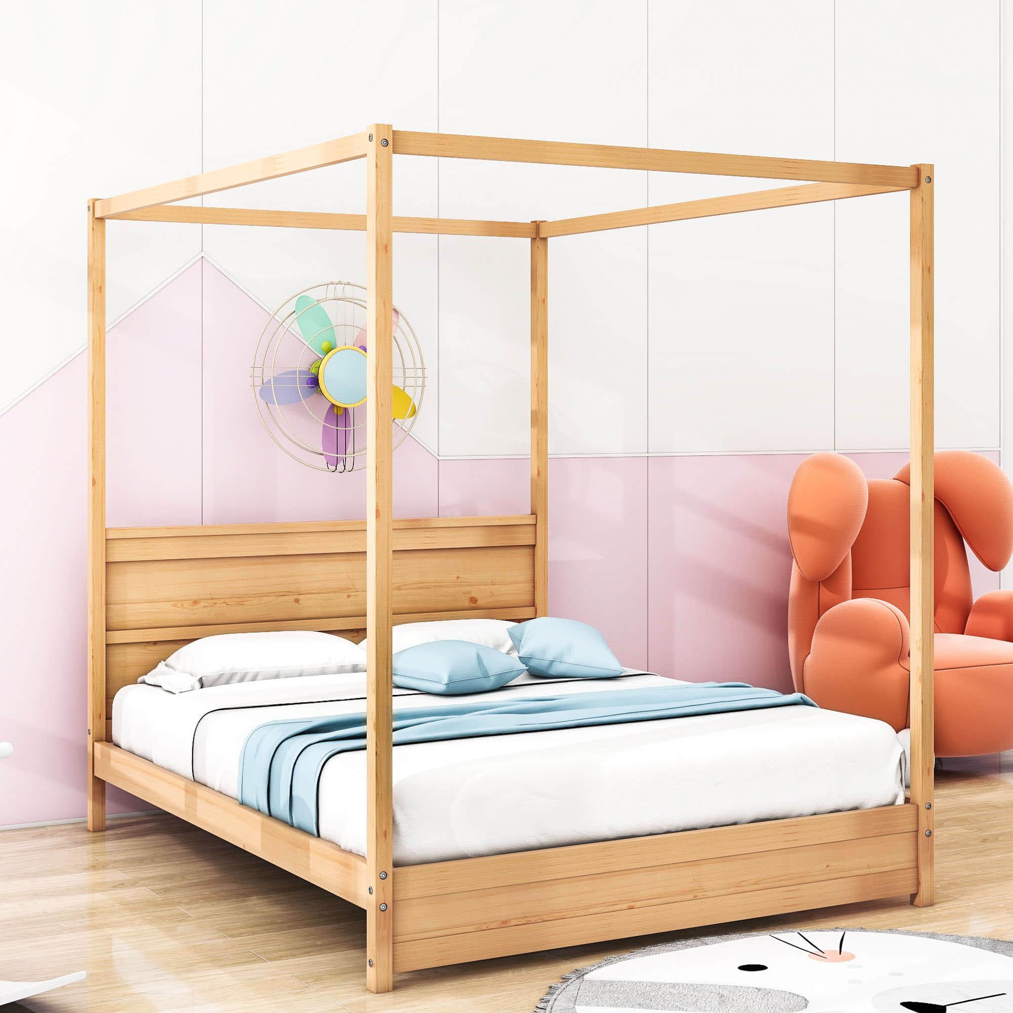 Wooden Modern Low Profile Queen Canopy Bed Frame with Headboard