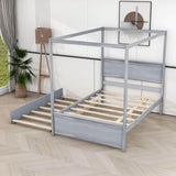 Full Size Canopy Bed with Twin Trundle and Headboard - [Wood, Four-poster]