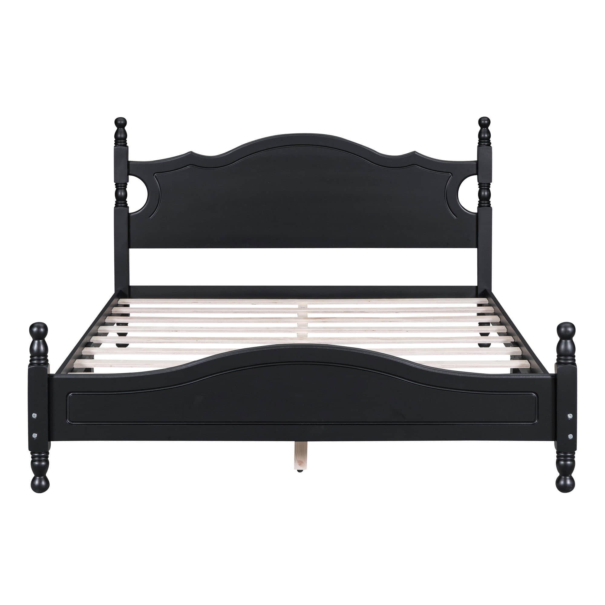 Traditional Wood Queen Size Low Profile Platform Bed Frame with Headboard