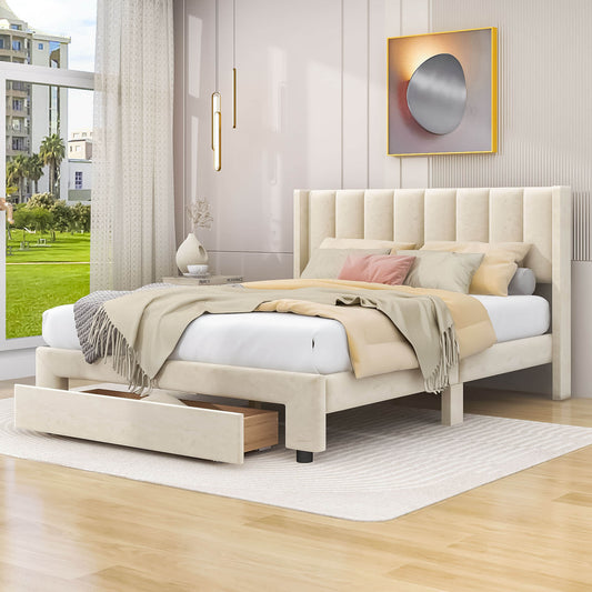 Velvet Queen Size Upholstered Platform Bed Frame with Headboard and Storage