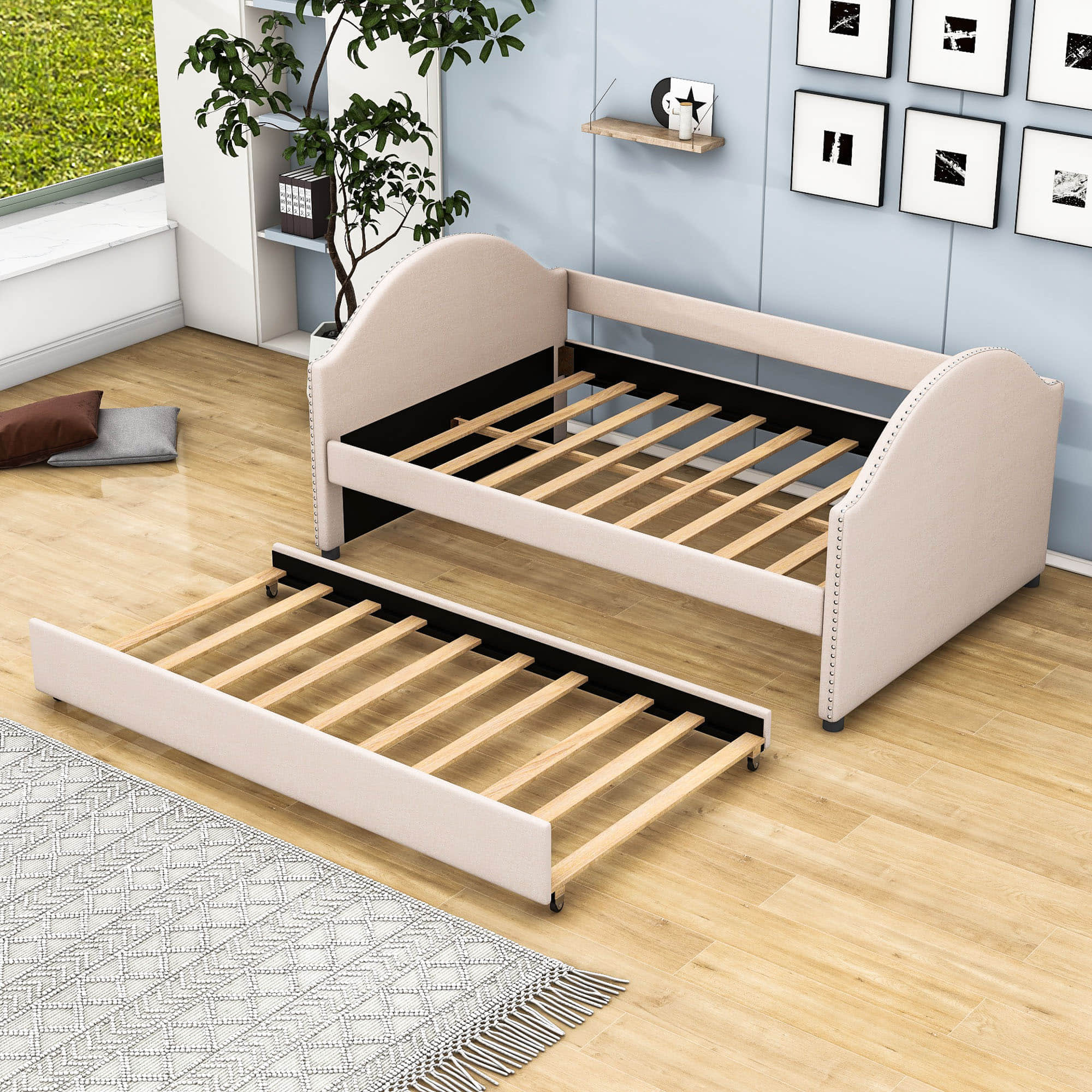 Modern Full Size Upholstered Daybed with Twin Trundle for Adults