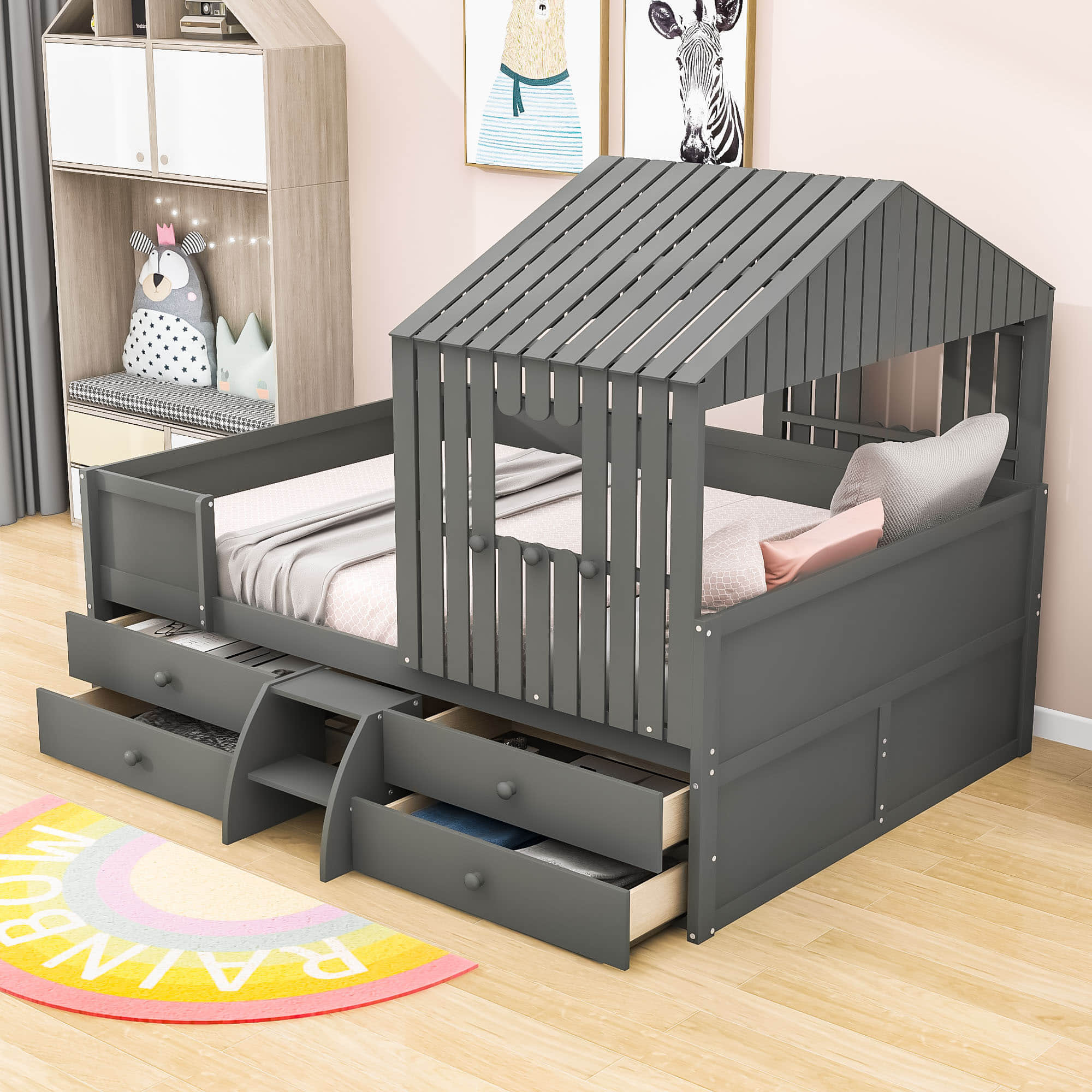 Full Size Low House Toddler Loft Bed with Stairs and Storage - [2 Steps]