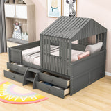 Full Size Low House Toddler Loft Bed with Stairs and Storage - [2 Steps]