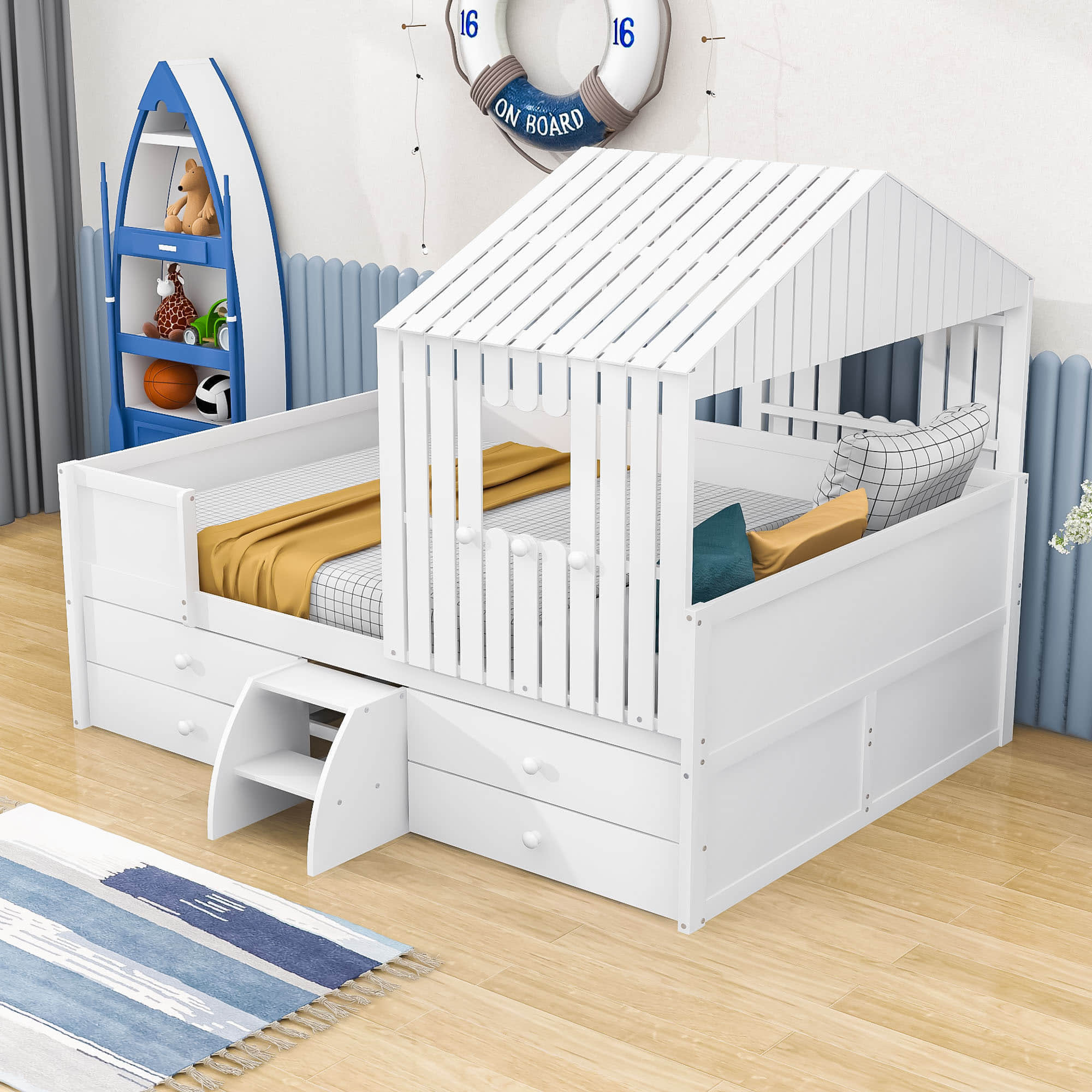 Full Size Low House Toddler Loft Bed with Stairs and Storage - [2 Steps]