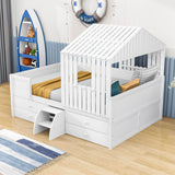 Full Size Low House Toddler Loft Bed with Stairs and Storage - [2 Steps]