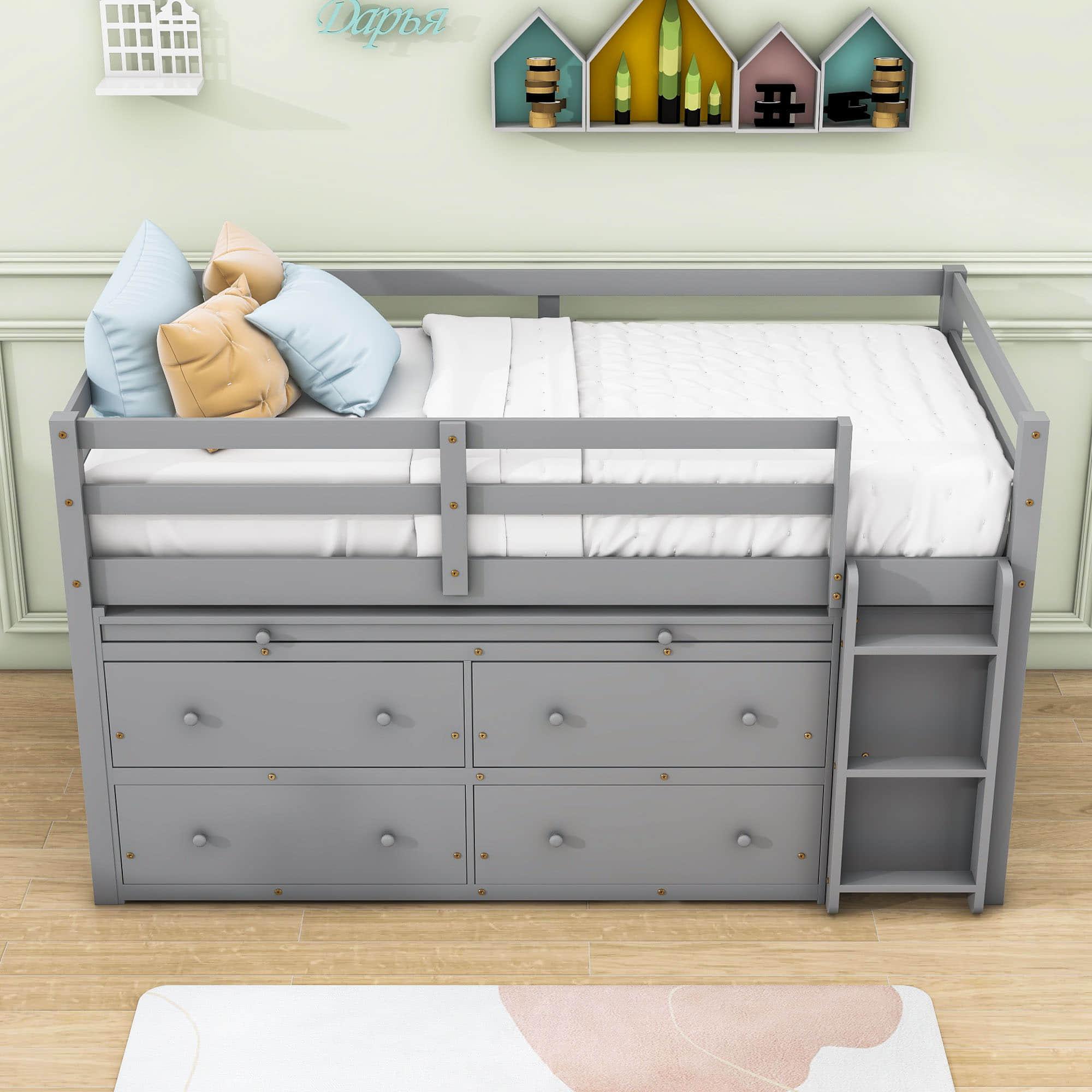 Low Twin Loft Bed with Desk and Storage Drawers for Kids, Toddler