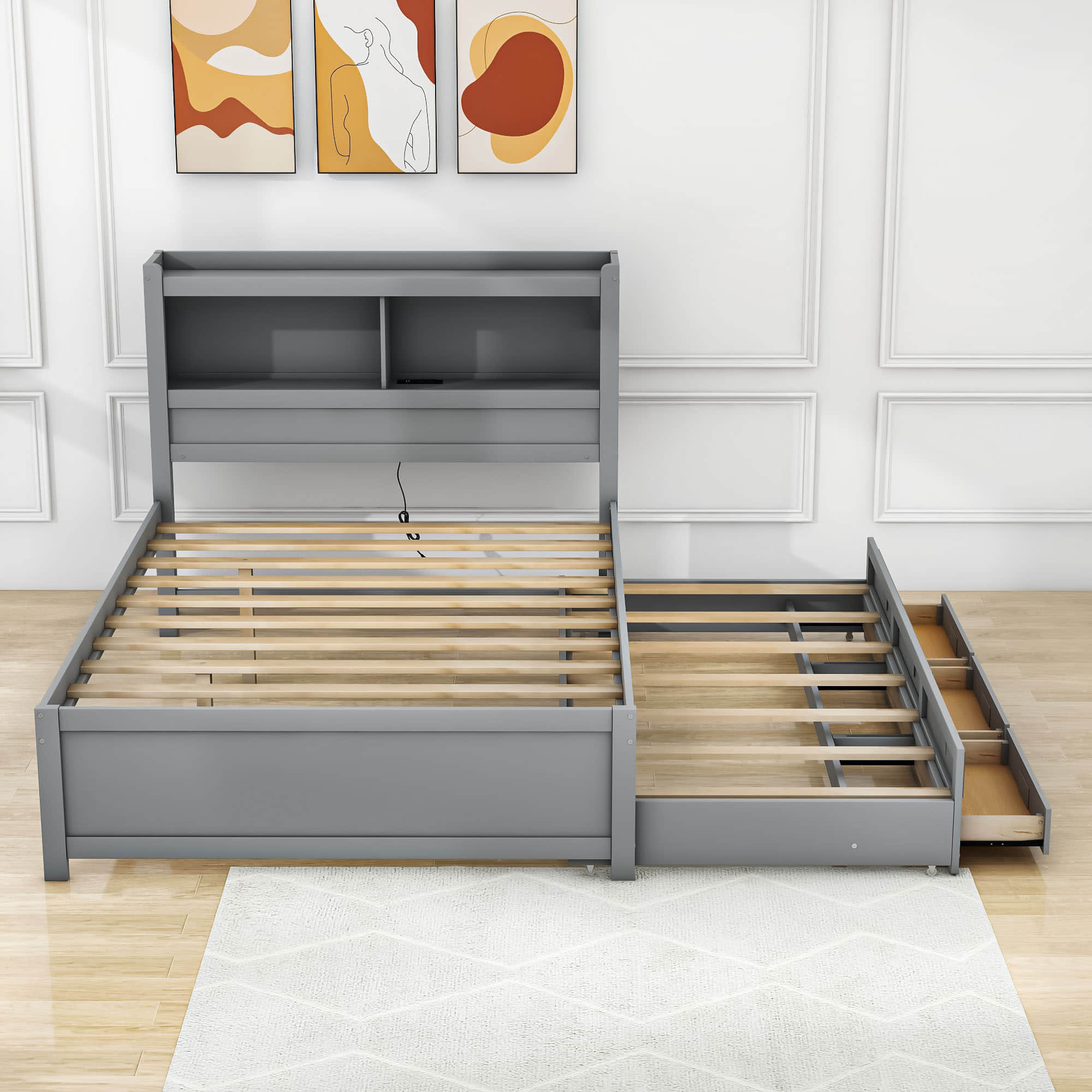 Full Platform Bed Frame with Twin Trundle and Storage Headboard, USB